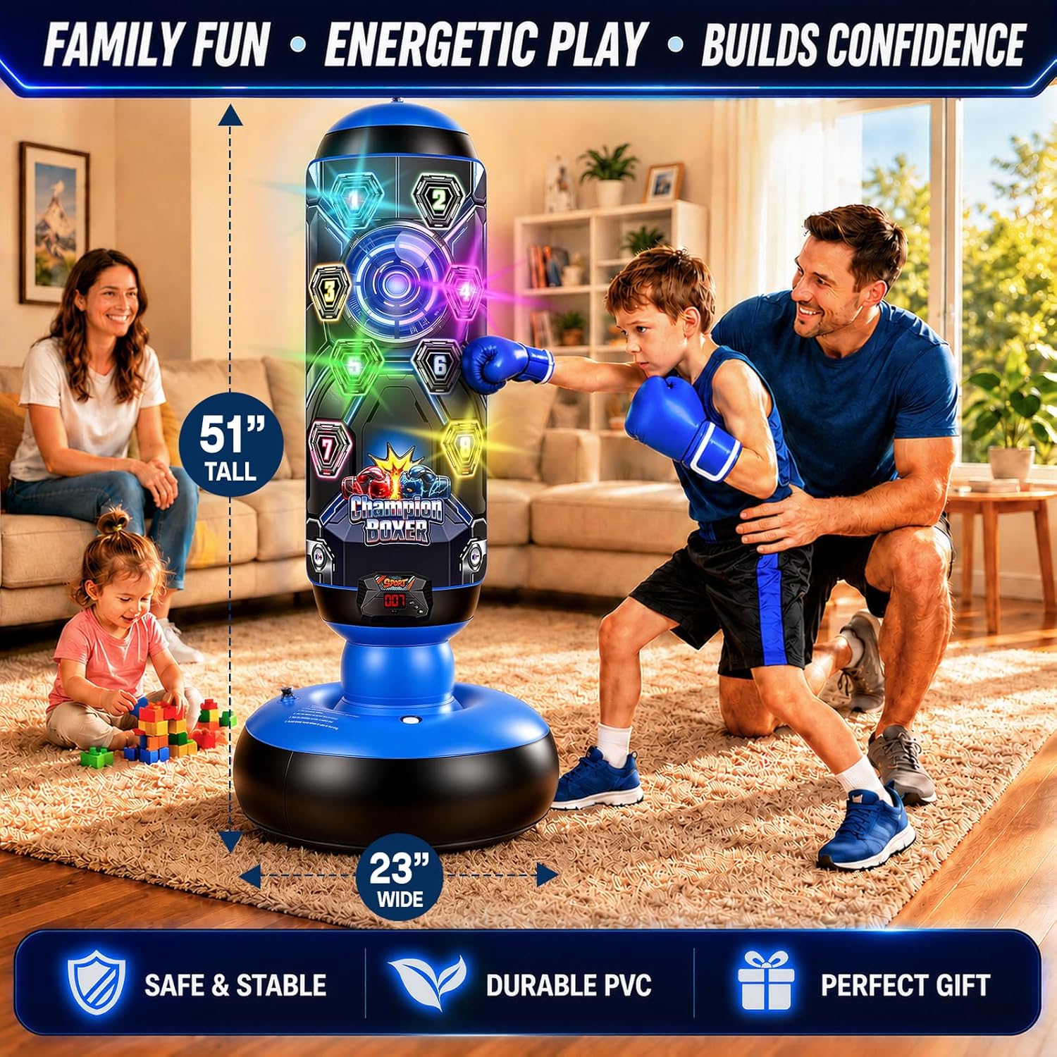 Punching Bag for Kids with Gloves & Pump, LED Lights Music & Electronic Scoring, 4 Game Modes Interactive Cyberpunk Inflatable Boxing Set, Freestanding Toys for Boys Girls Ages 4-12 Gifts