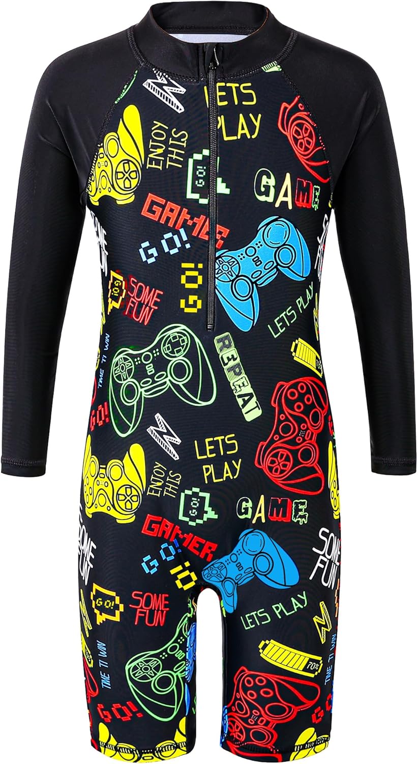 TFJH E Boys Long Sleeve Swimsuits Rash Guard Swimwear 50+ UV Zip One-Piece