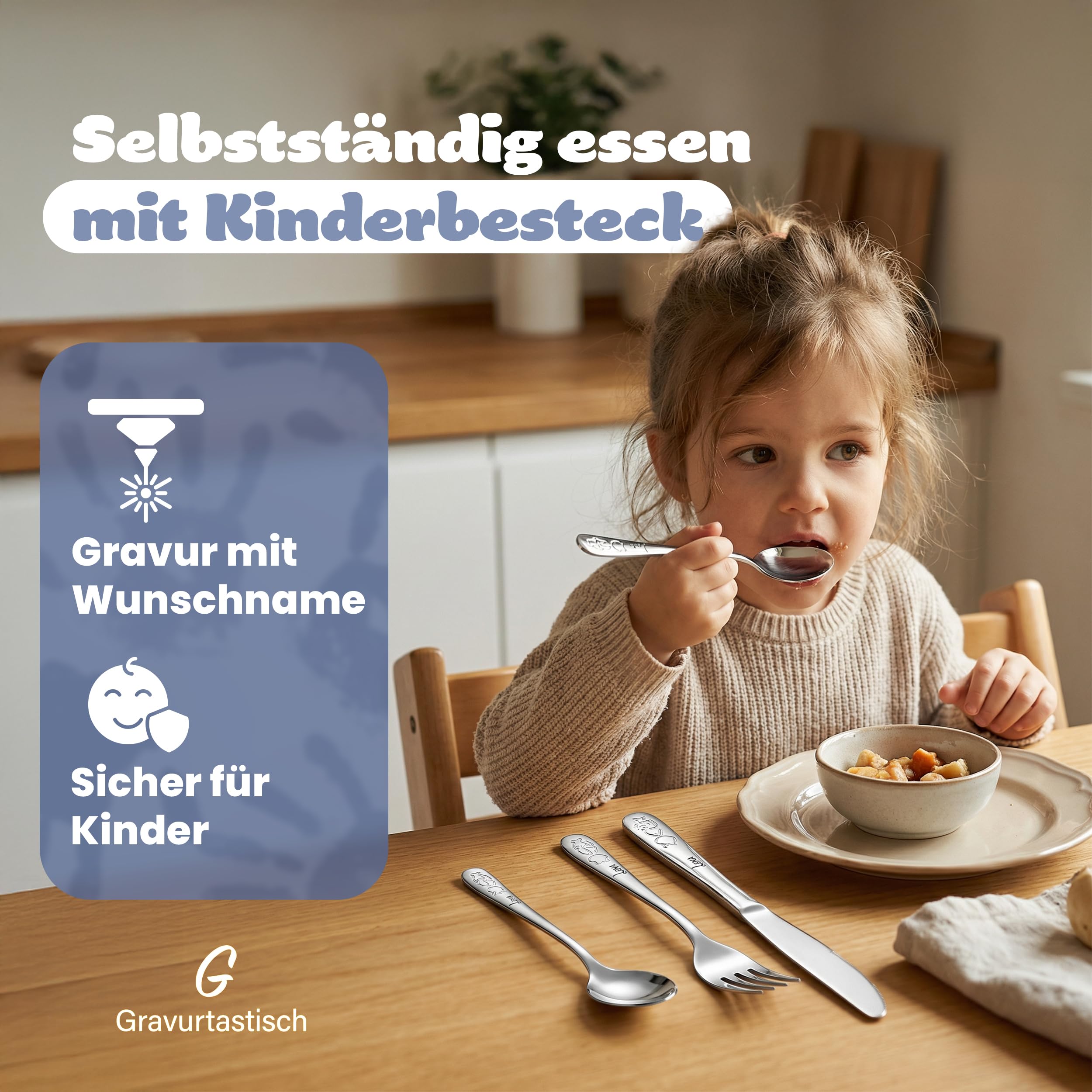 Kinderbesteck mit Namensgravur - Personalisiertes 4-teiliges Edelstahl Besteckset ab 4 Jahre - Taufgeschenk für Mädchen und Jungen - Spülmaschinenfest