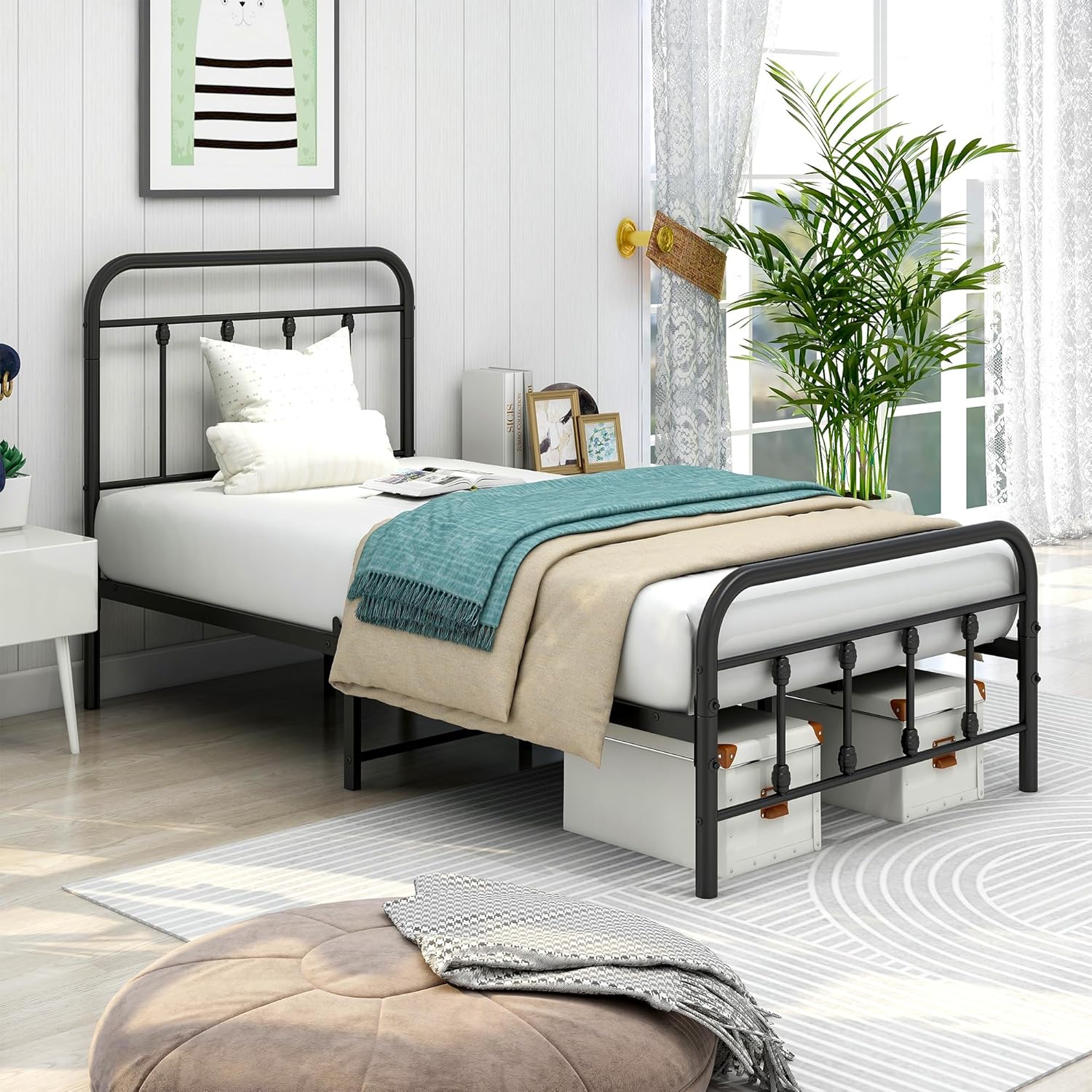 Twin Bed Frames with Headboard, Metal Bed Frame Twin/Mattress Foundation/No Box Spring Needed/Black