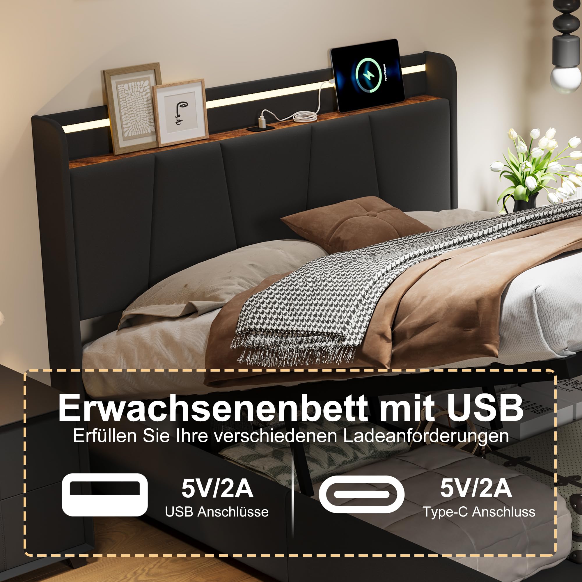Łóżko tapicerowane 140 x 200 cm, podwójne łóżko z oświetleniem LED, przyłącza USB i typu C, hydrauliczne, ze skrzynią na pościel, łóżko młodzieżowe, rama łóżka z zagłówkiem, tkanina lniana, bez