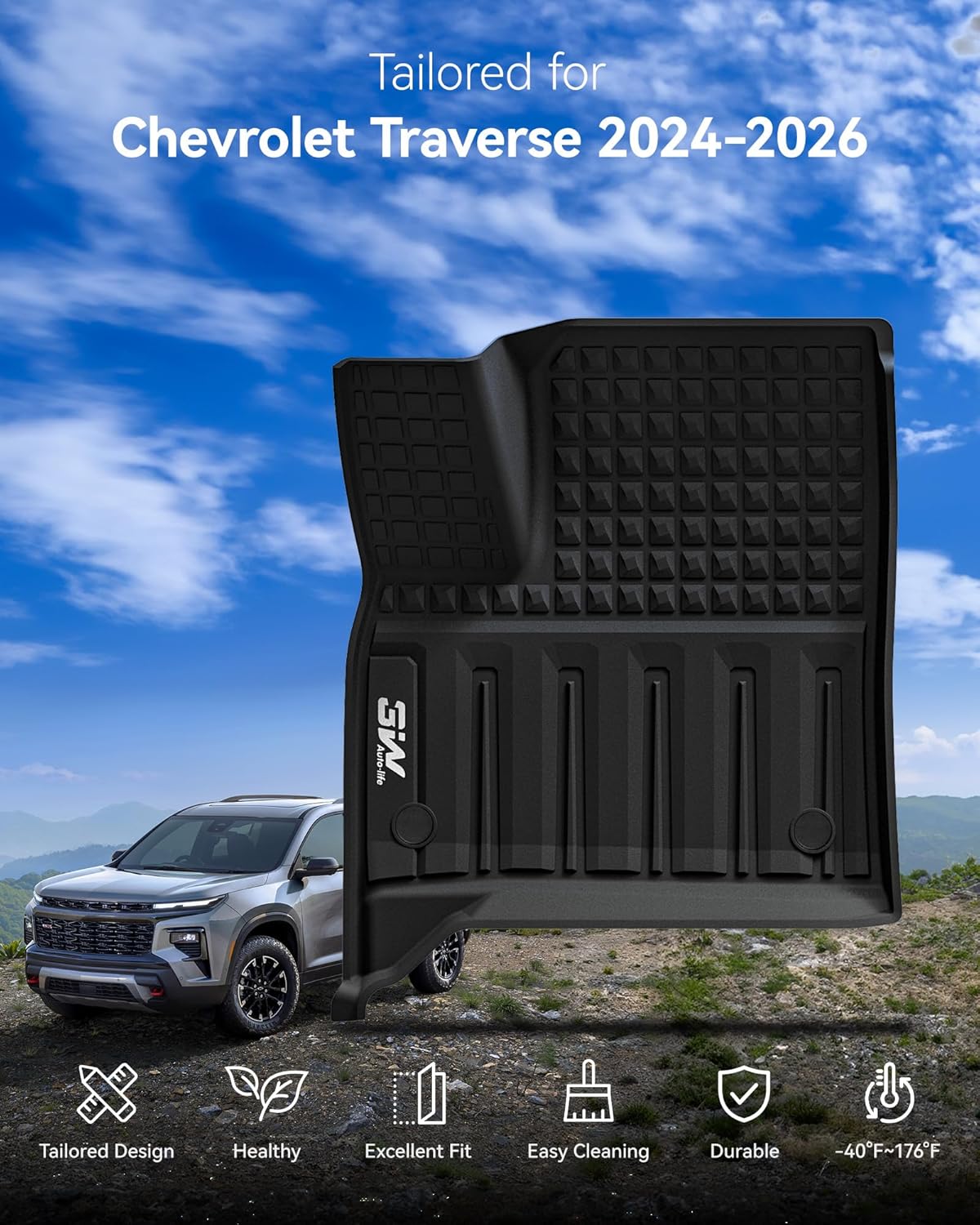 3w floor mats & cargo liner for chevrolet chevy traverse 2024-2026 (only 7 seats) & gmc acadia 2024-2026 (only 7 seats) & buick enclave 2025-2026, all weather tpe custom fit floor liners chevy traverse 2024-2026 floor mats & cargo liner