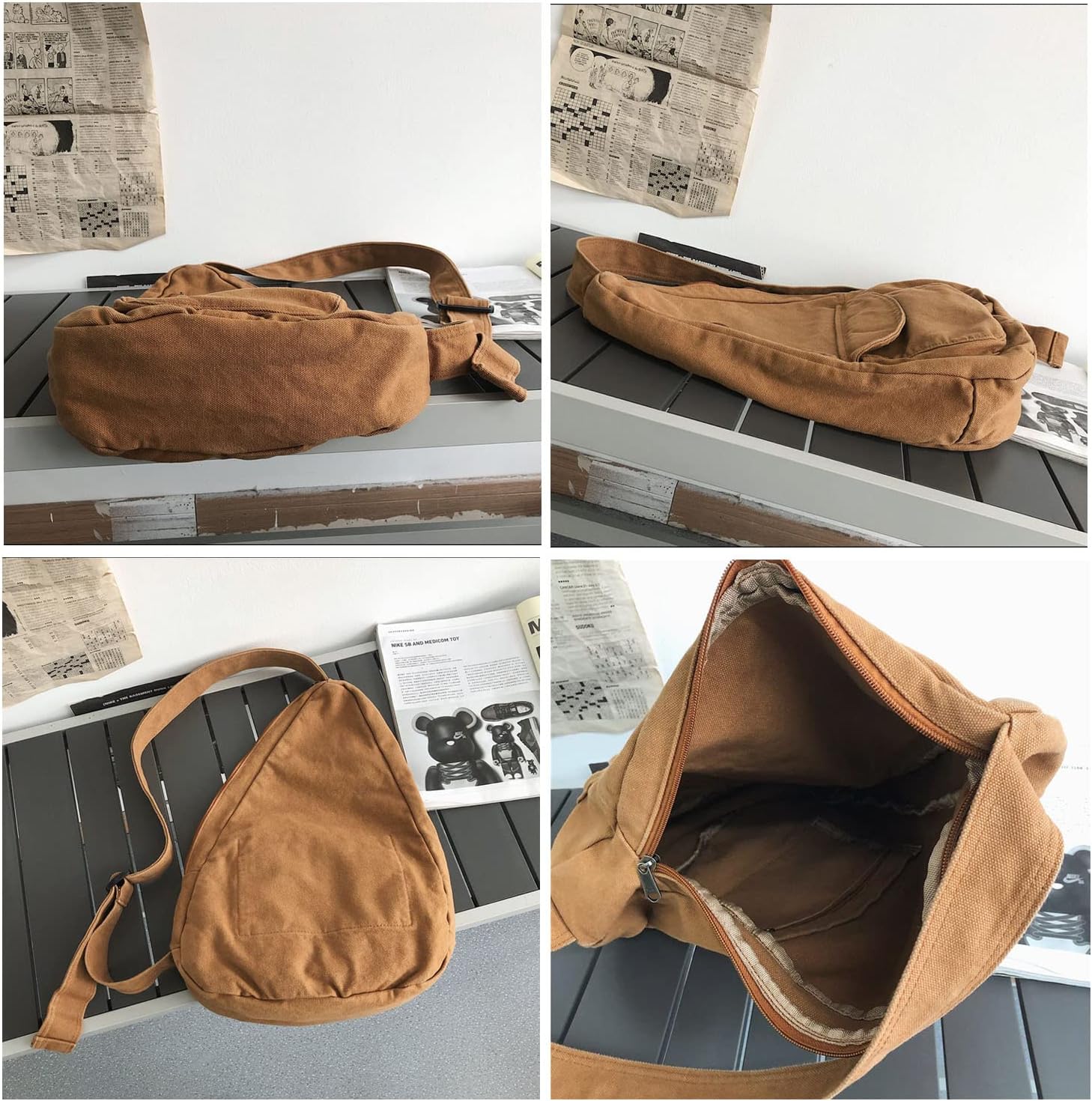 Women's Canvas Crossbody Bag Vintage Wash Zipper Shoulder Bag Women's Large Capacity Casual Crossbody Bag