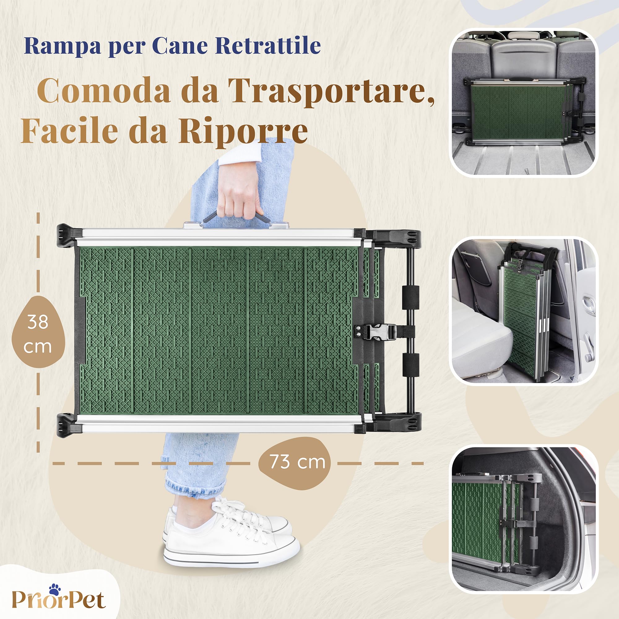 Rampa per Cani per Auto, SUV – STABILI – ANTISCIVOLO – Capacità 90 kg. – Rampe Estensibili per Cani di Grossa Taglia – Lati Riflettenti – Scale per Cani Leggere – Clip di Bloccaggio – Verde