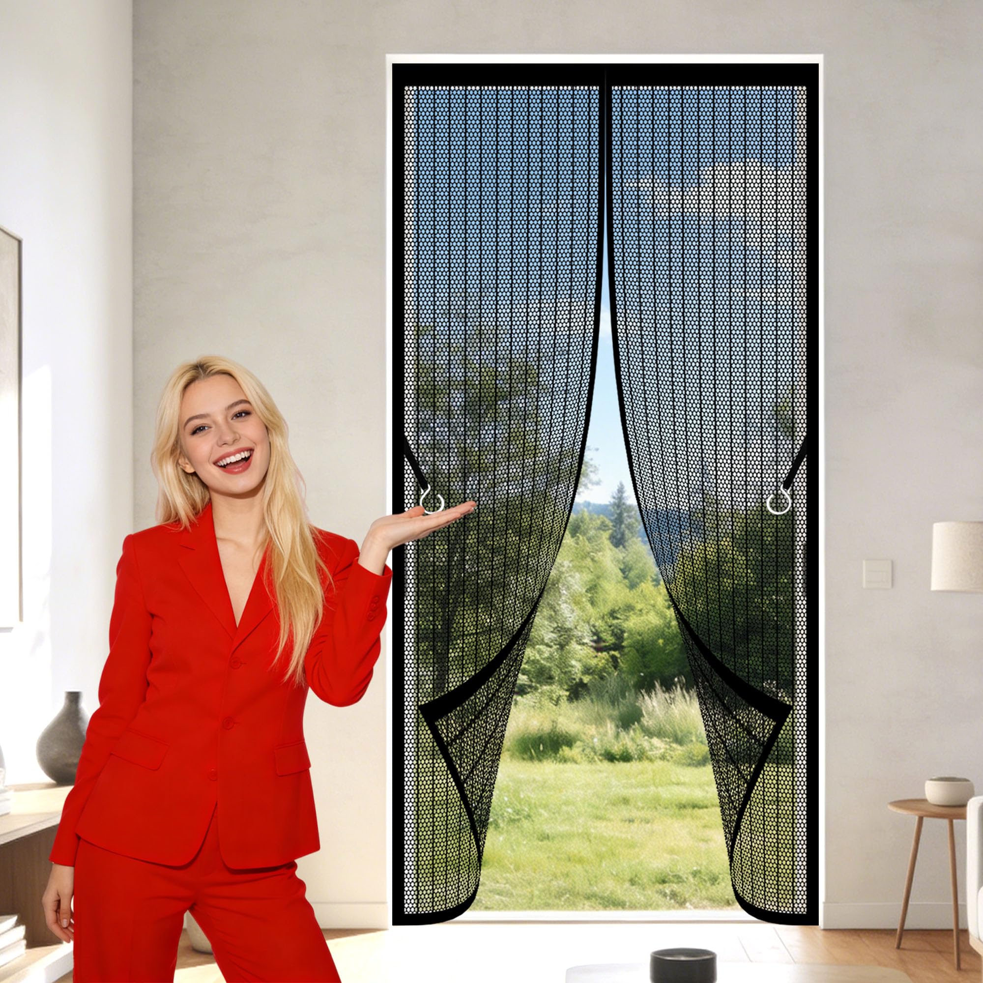 Moustiquaire Porte Fenêtre 164 x 216 cm Différentes Tailles Moustiquaire Ajustable Aimantée Sans Perçage, Fermeture Automatique pour Balcon Salon Chambre Portes, Noir