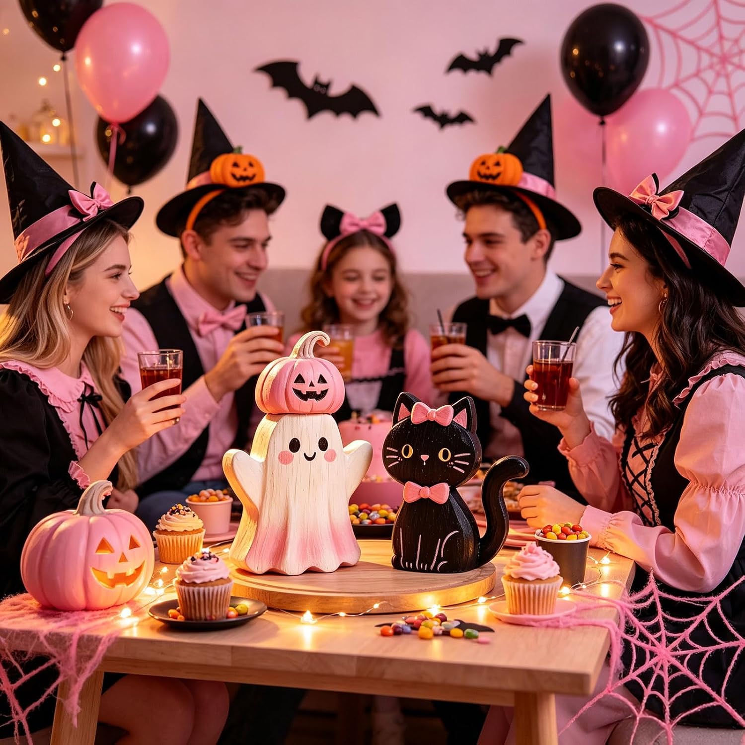 3Pcs Pink Halloween Decor, Wooden Tabletop Decor, Festive Pumpkin Cute Ghost and Black Cat Figurine, Pastel Halloween Tiered Tray Decorations Indoor Decors for Office Home Decoration
