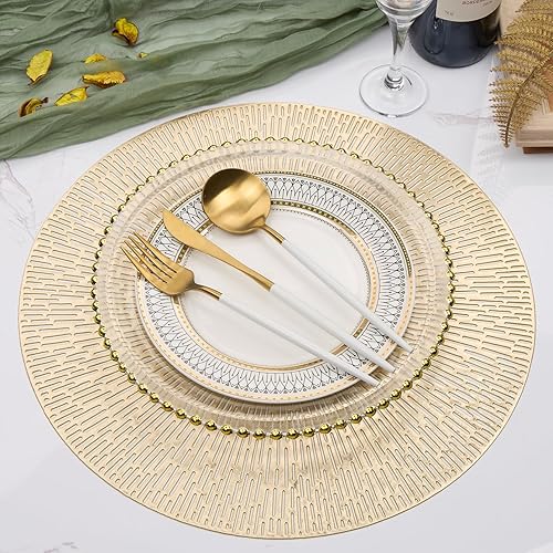 Miniatura 7 de Juego de 6 manteles individuales redondos de 15 pulgadas, manteles individuales dorados de vinilo prensado metálico, antideslizantes, lavables,