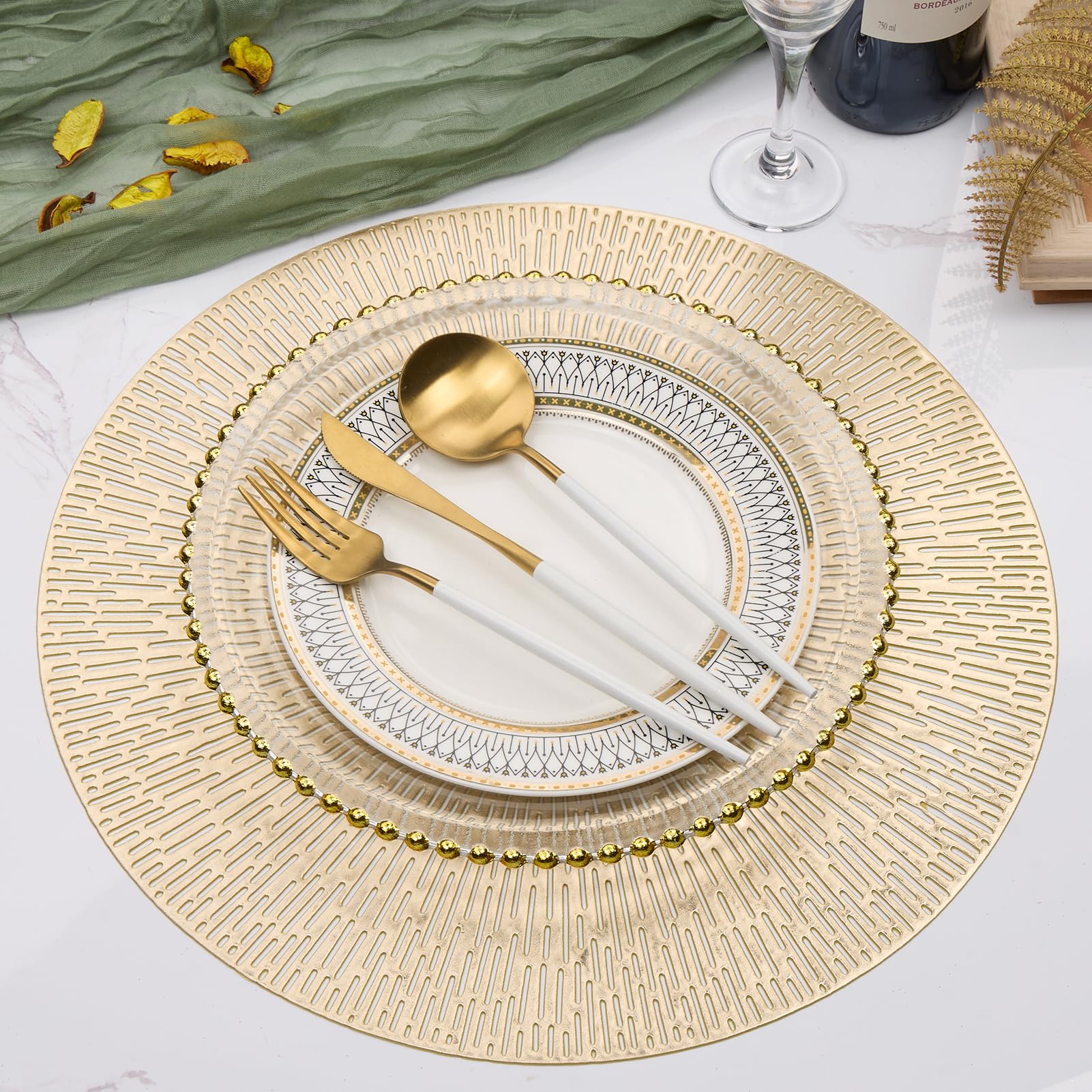 Juego de 6 manteles individuales redondos de vinilo prensado metálico dorado de 15 pulgadas, antideslizantes, lavables, resistentes al calor, manteles individuales circulares para cocina, mesa de