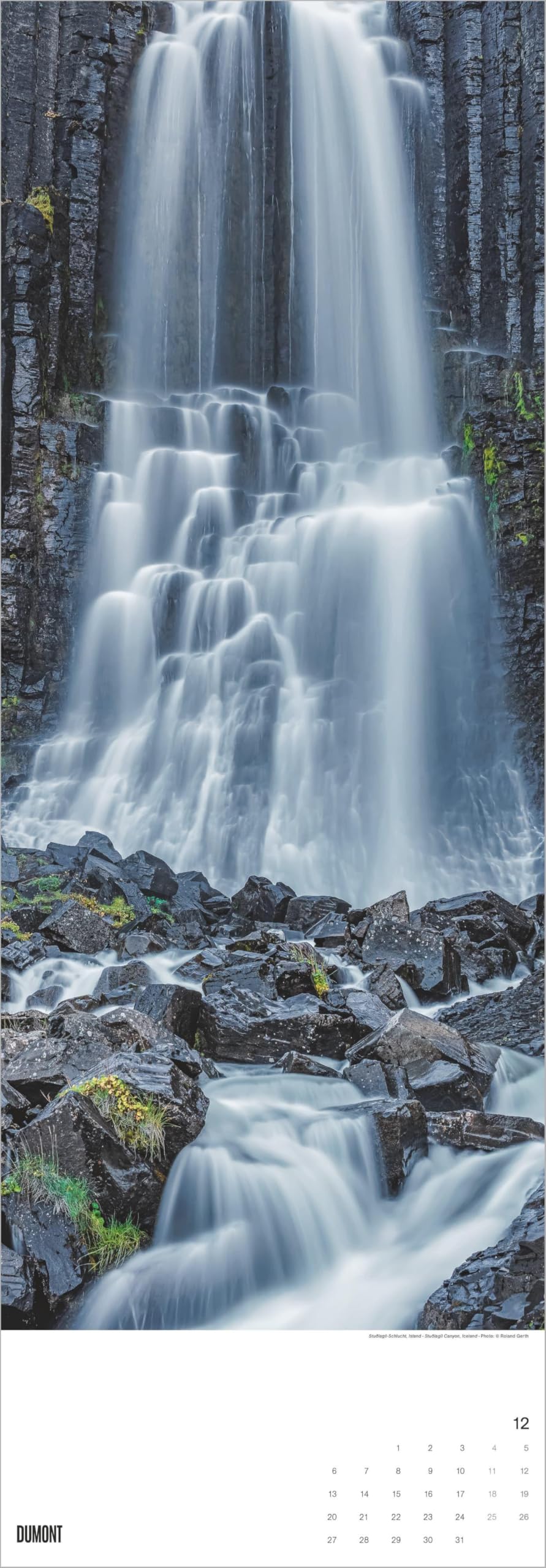 Wasserfälle 2027: Wandkalender 34x98 cm mit 12 Wasserfallfotografien und sprachneutralem Kalendarium