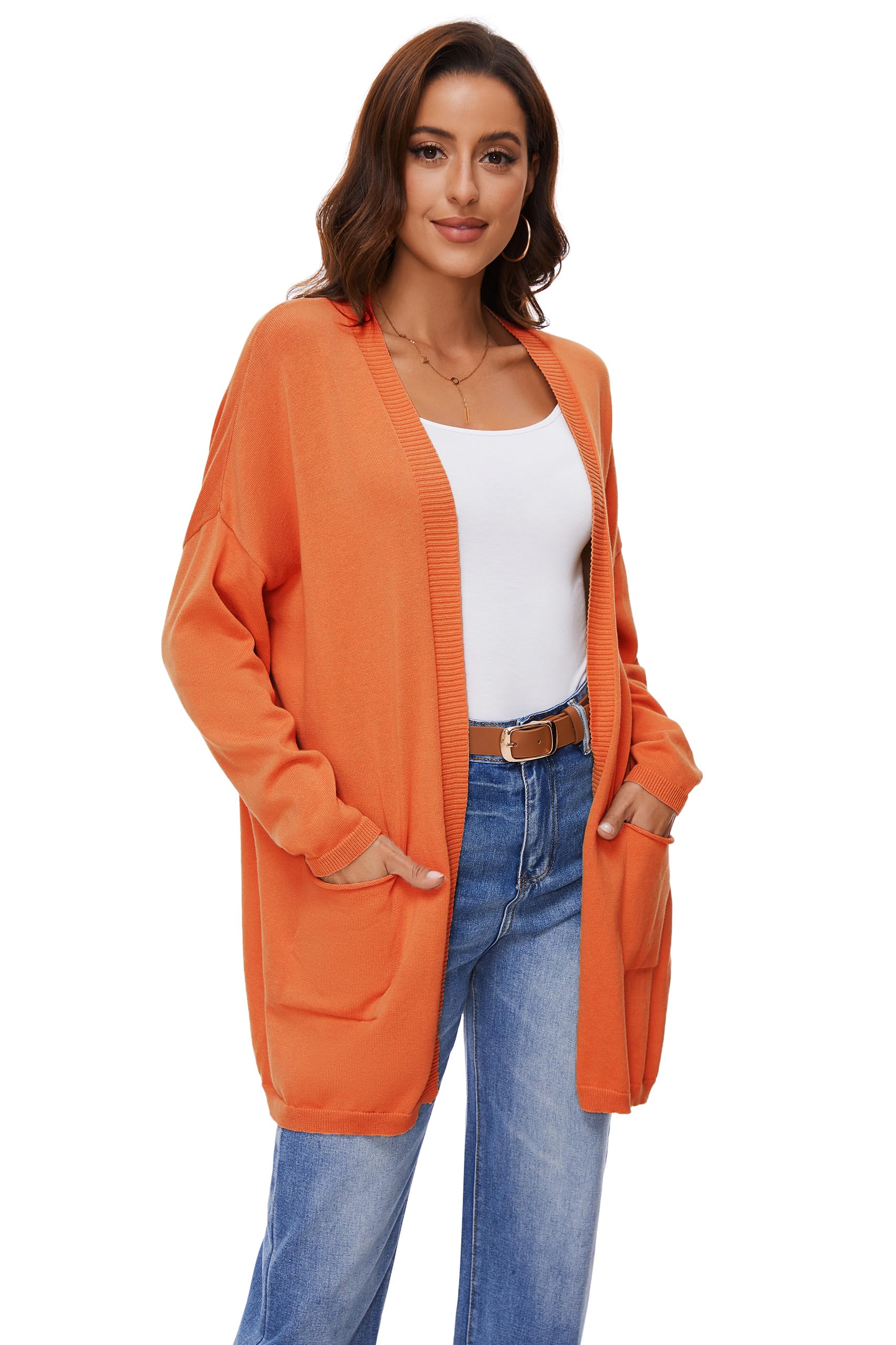 Cárdigan Abierto De Manga Larga 100% Algodón para Mujer con Bolsillos, Suéter Casual Suelto Y Ligero, Naranja, M