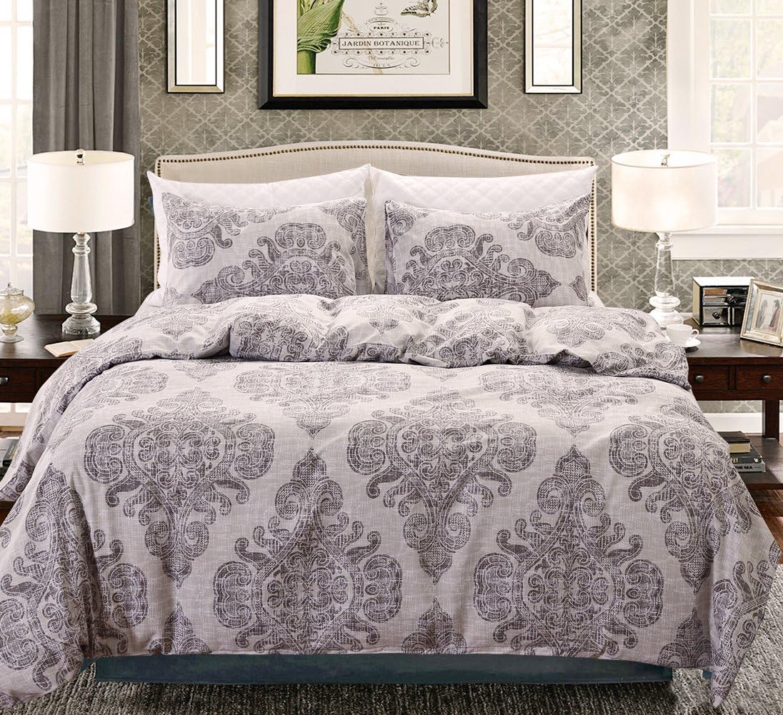 NUVOLE Duvet Cover Set,Luxury Down Comforter Quite Cover-Zipper & Tie-Printed Damask Pattern-1 Duvet Cover and 2 Pillow Shams, Grey(Queen)