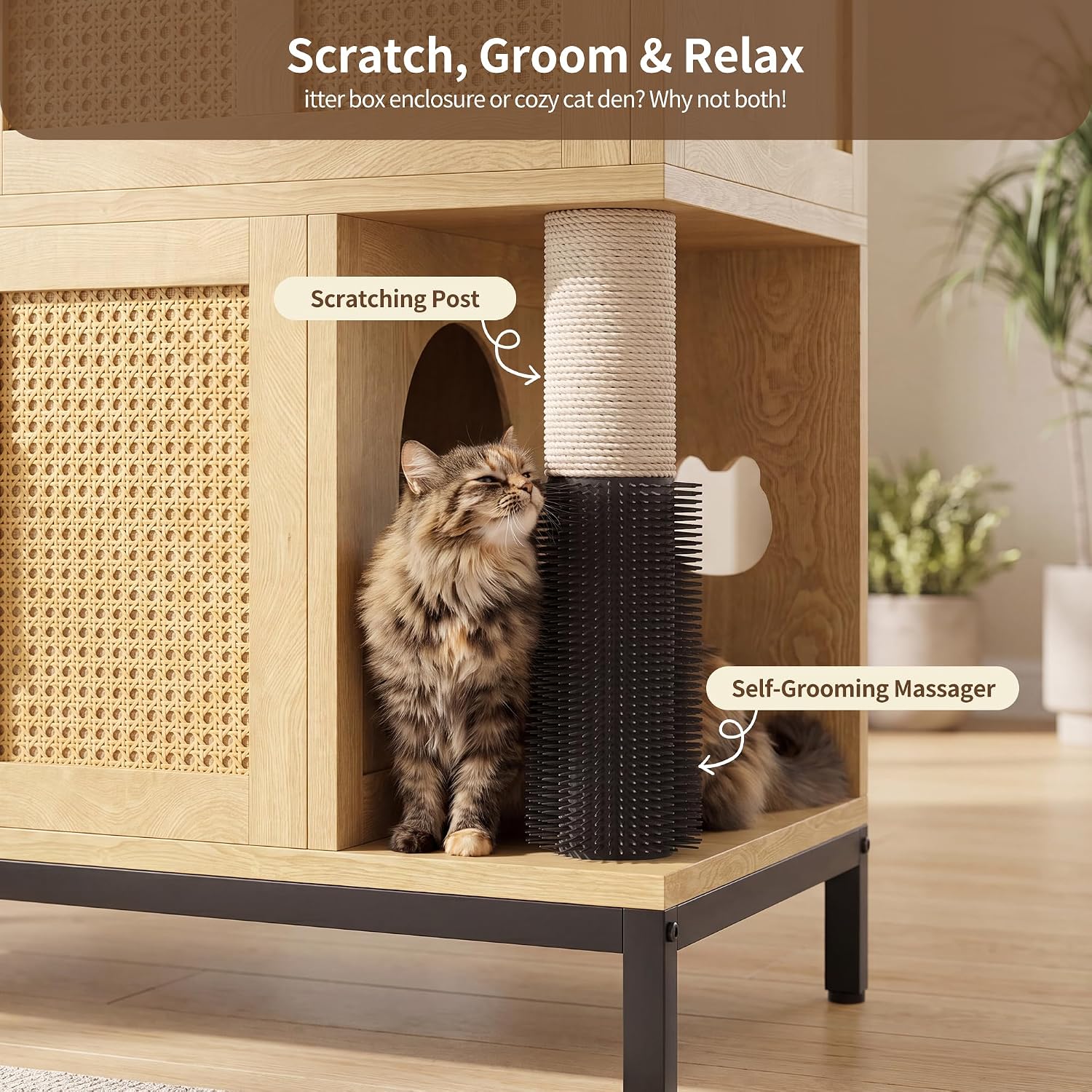 Heybly Cat Litter Box Enclosure with Cat Tree & Storage Shelf, HCLB003N | Large Double Hidden Litter Box Furniture with Scratching Post, Hooks, Cat Litter Cabinet (30.7" x 17.7" x 56.3"), Natural Oak