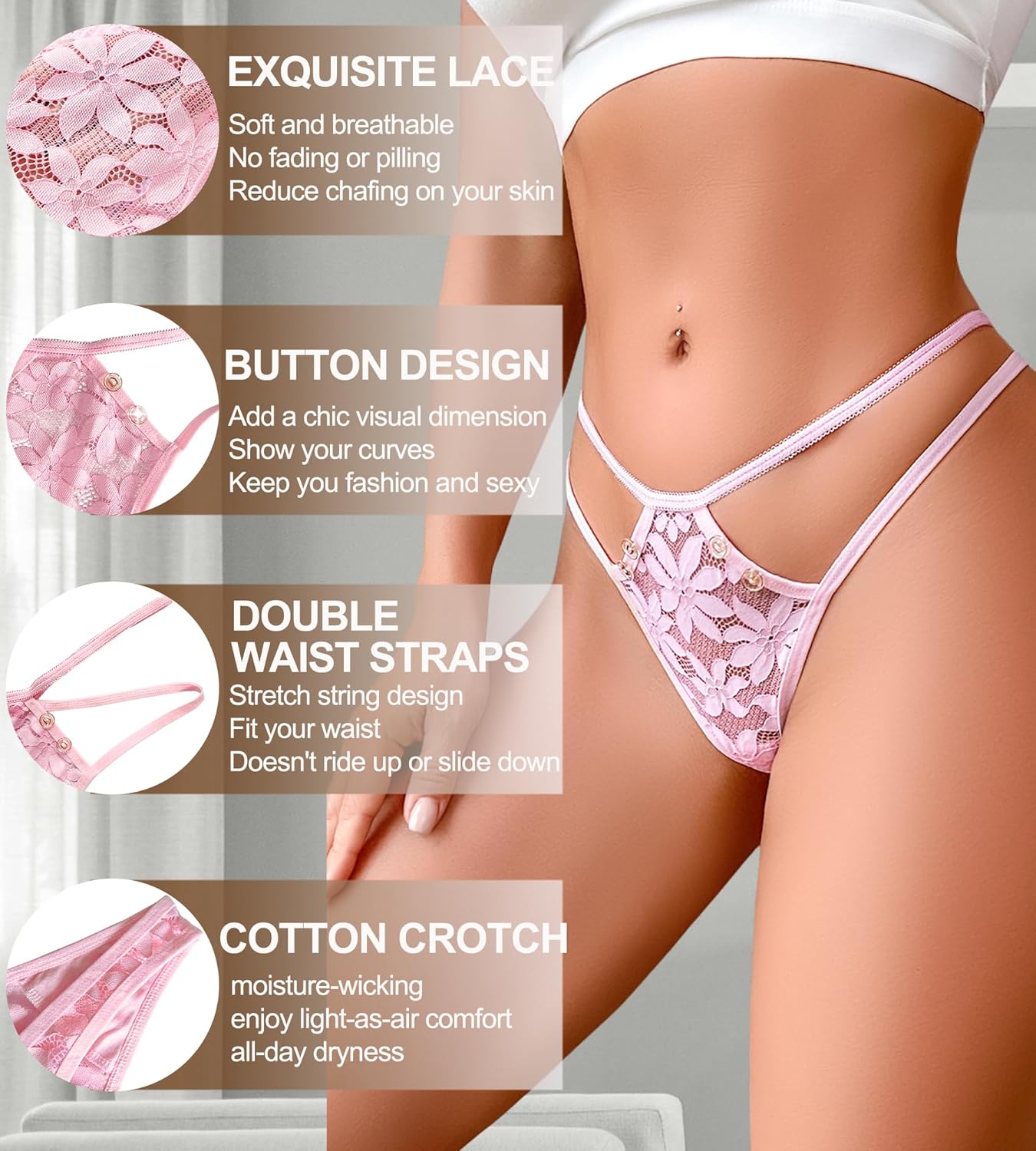 BFTBTY G-String Thongs for Women Sexy Lace Floral Hollow Out Cheeky Underwear Breathable No Show Invisible Panties 4 Pack - Image 4