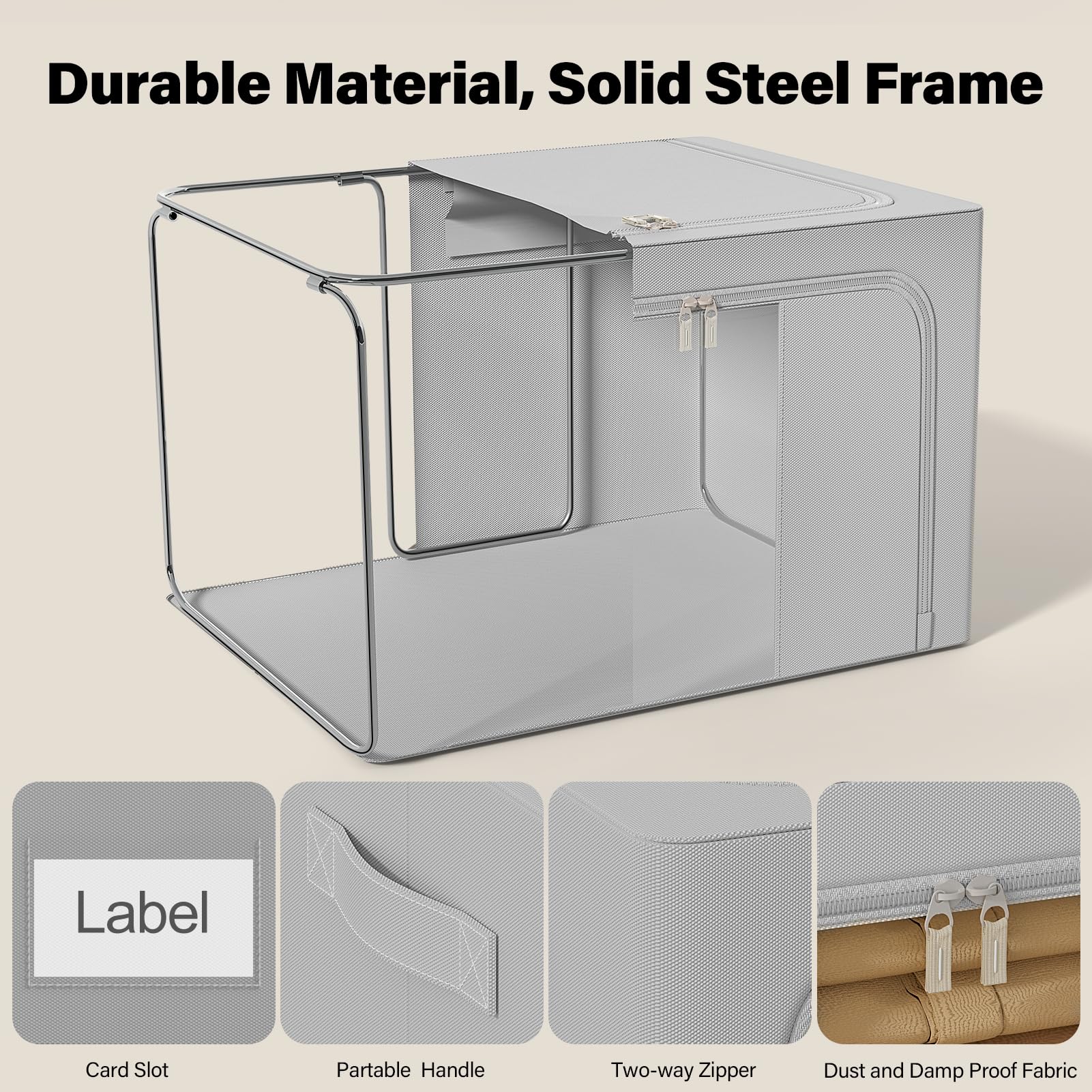GoMaihe 3 Stück Aufbewahrungstasche mit Metallrahmen 198L - Stapelbare Aufbewahrungstasche für Bettdecken Kleidung - Faltbare Kleideraufbewahrung Box Abstellraum Kleiderschrank Organizer (Grau,66L)