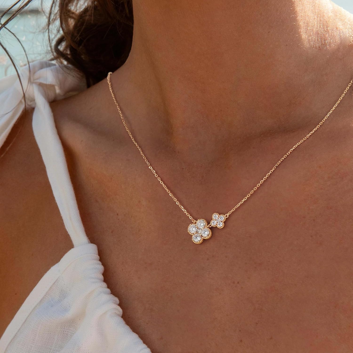 MYEARS Gold Necklace for Women Flower Pendant Sideways Double Four-leaf-clover Link Birthstone Cubic Zirconia 14K Simple Dainty Chain Floral Lucky Jewelry Gift - Image 2