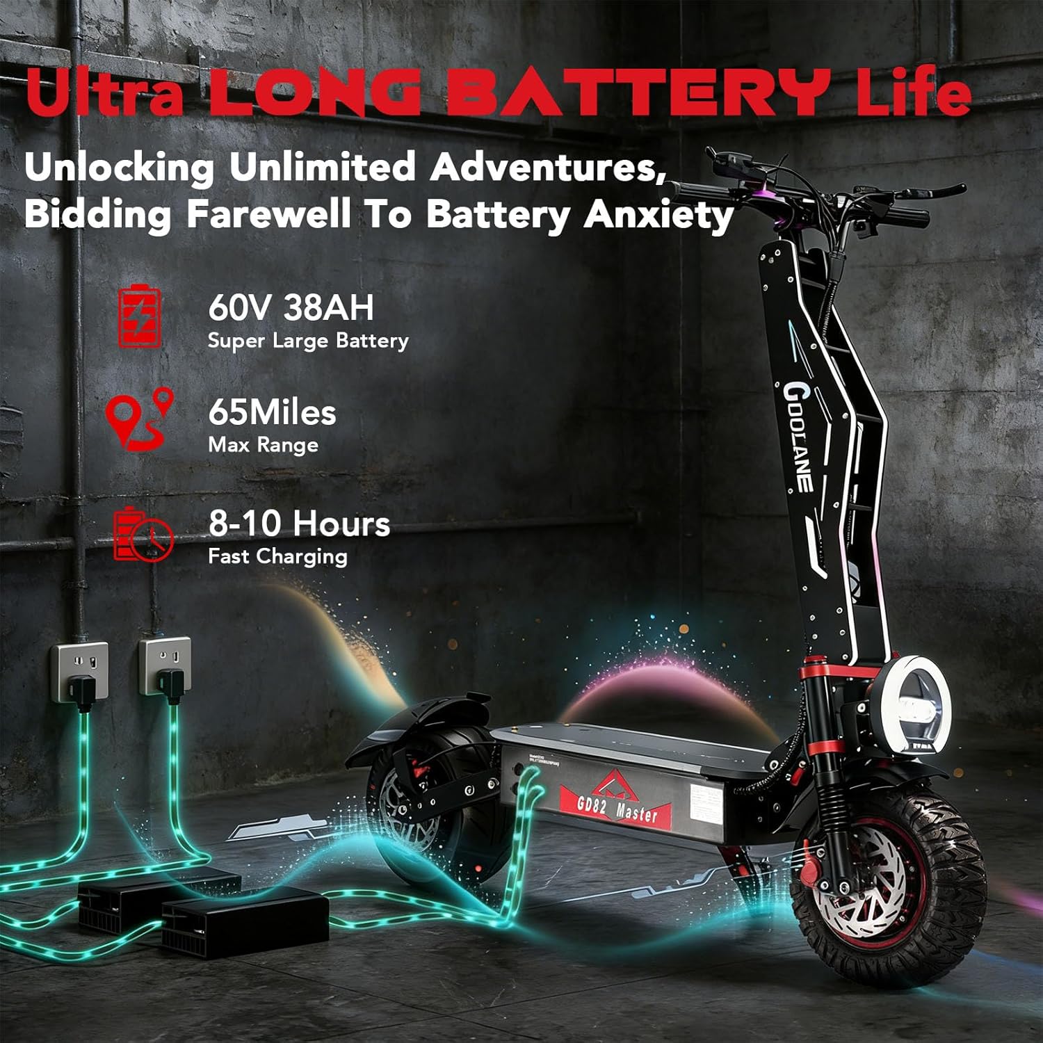 GD82 Electric Scooter for Adults, 7000W Dual Motor Up to 55 MPH, 60V 38AH Battery with 65 Miles Range, 12 Off-Road Tires & 45° Climbing, Foldable Commuter Scooter with Dual Suspension