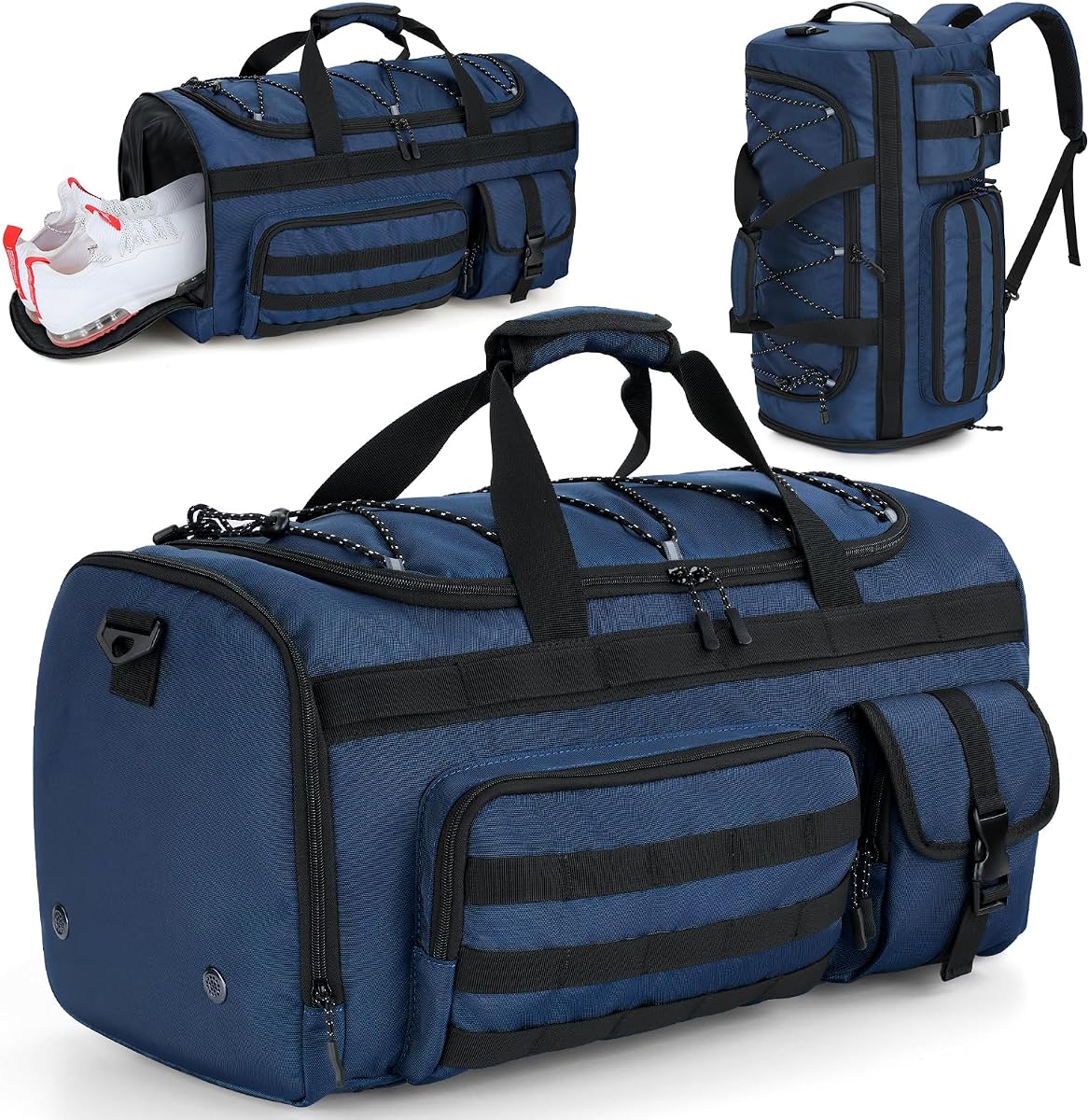 Bolsa de lona 3 en 1 de 45 litros para gimnasio y viajes | Diseño de transporte de 3 vías, compartimento para zapatos, organización de 5 cremalleras, deportes y viajes familiares, azul oscuro