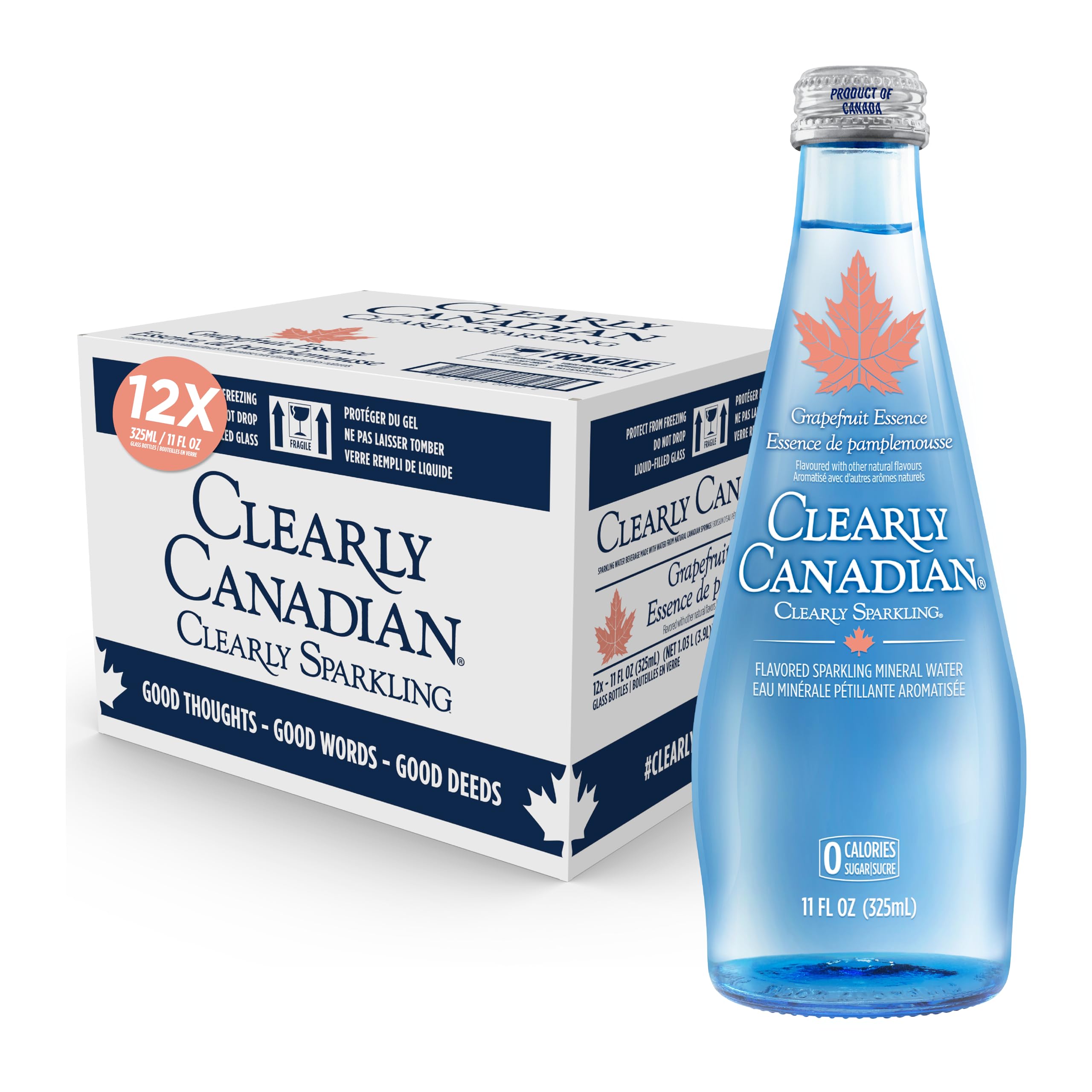Clearly Canadian Clearly Sparkling Grapefruit Essence Unsweetened Flavored Sparkling Mineral Water, Zero Sugar & Zero Calories, 1 Case (12 Bottles x 325mL)