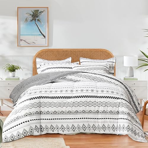 Flysheep Juego de edredón reversible bohemio de 7 piezas tamaño King, blanco y negro geométrico bohemio para todas las estaciones (1 edredón, 1