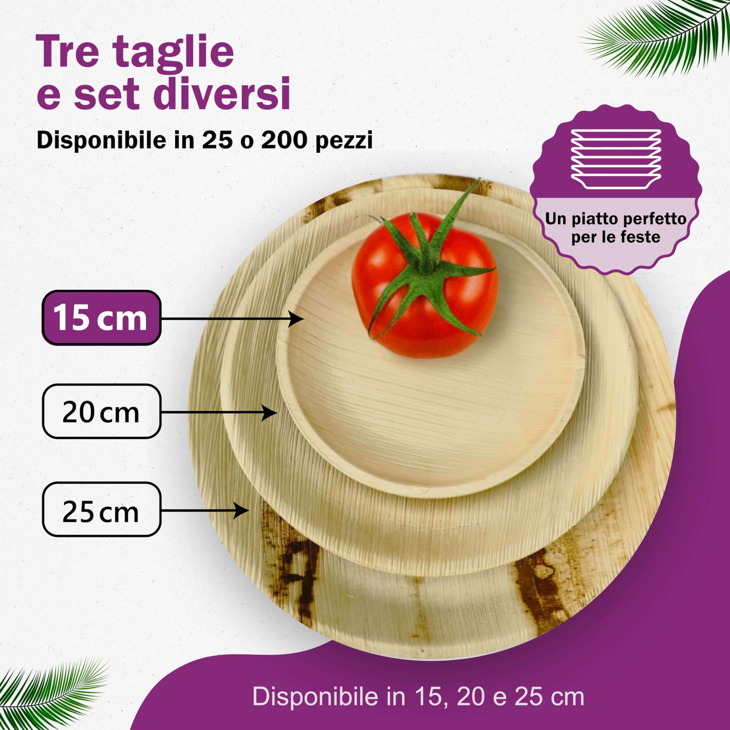 Piatti in Foglia di Palma Ecologici - 25 Pz Rotondi 15x15 cm - Piccole Stoviglie usa e getta Compostabili Eleganti - Leggeri e Resistenti - Simile al Bamboo e al Legno - Ideale per Feste