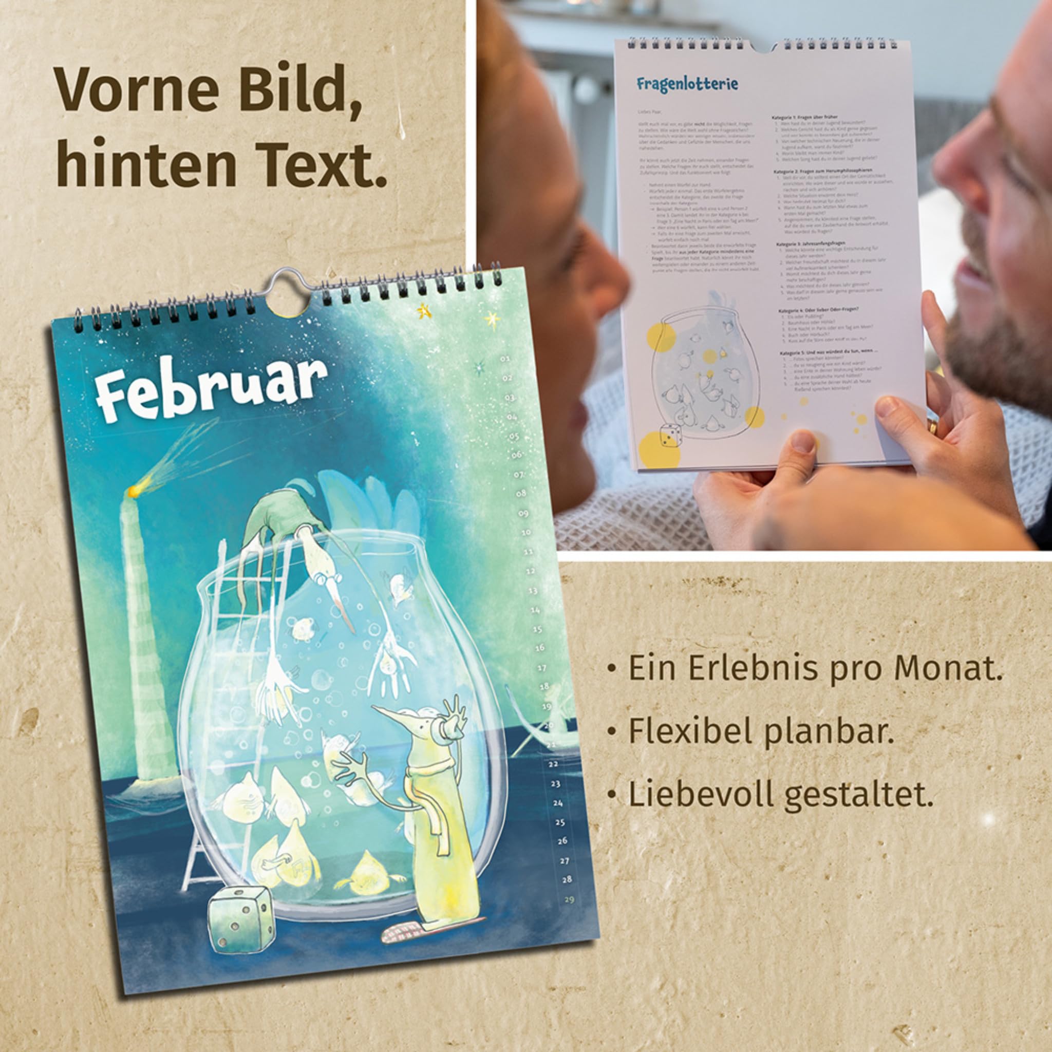 Paarzeit Wandkalender 2025 – Jahreskalender für Paare. Echte Verbundenheit, ein Date pro Monat. Geschenk Weihnachten für Erwachsene (Frauen/Männer/Queer), dekorativer Monatskalender, 12 Erlebnisse