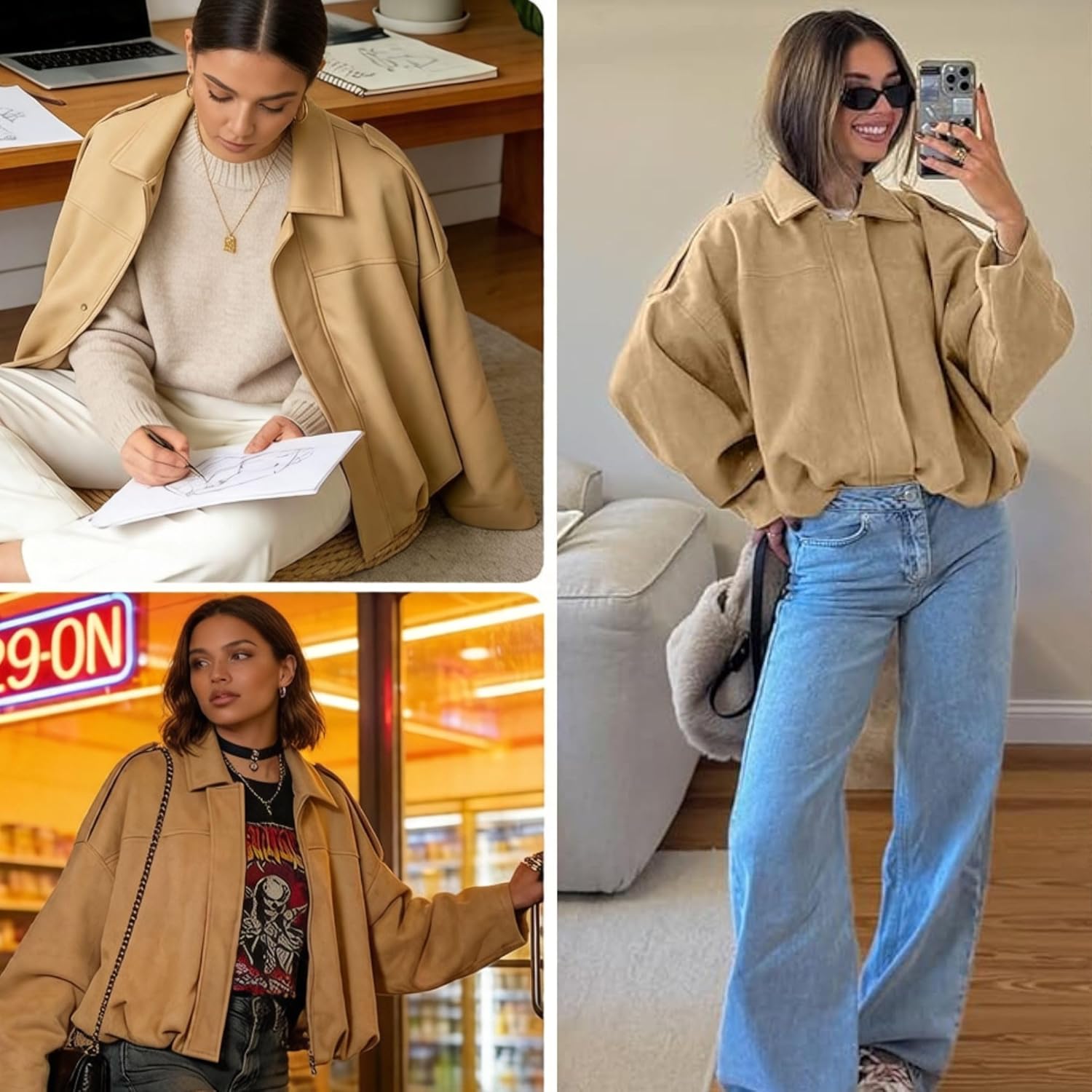 Xunger Women's Faux Suede Bomber Jacket Spring Lapel Pilot Coat Casual Oversized Long Sleeves Trendy Streetwear Outerwear