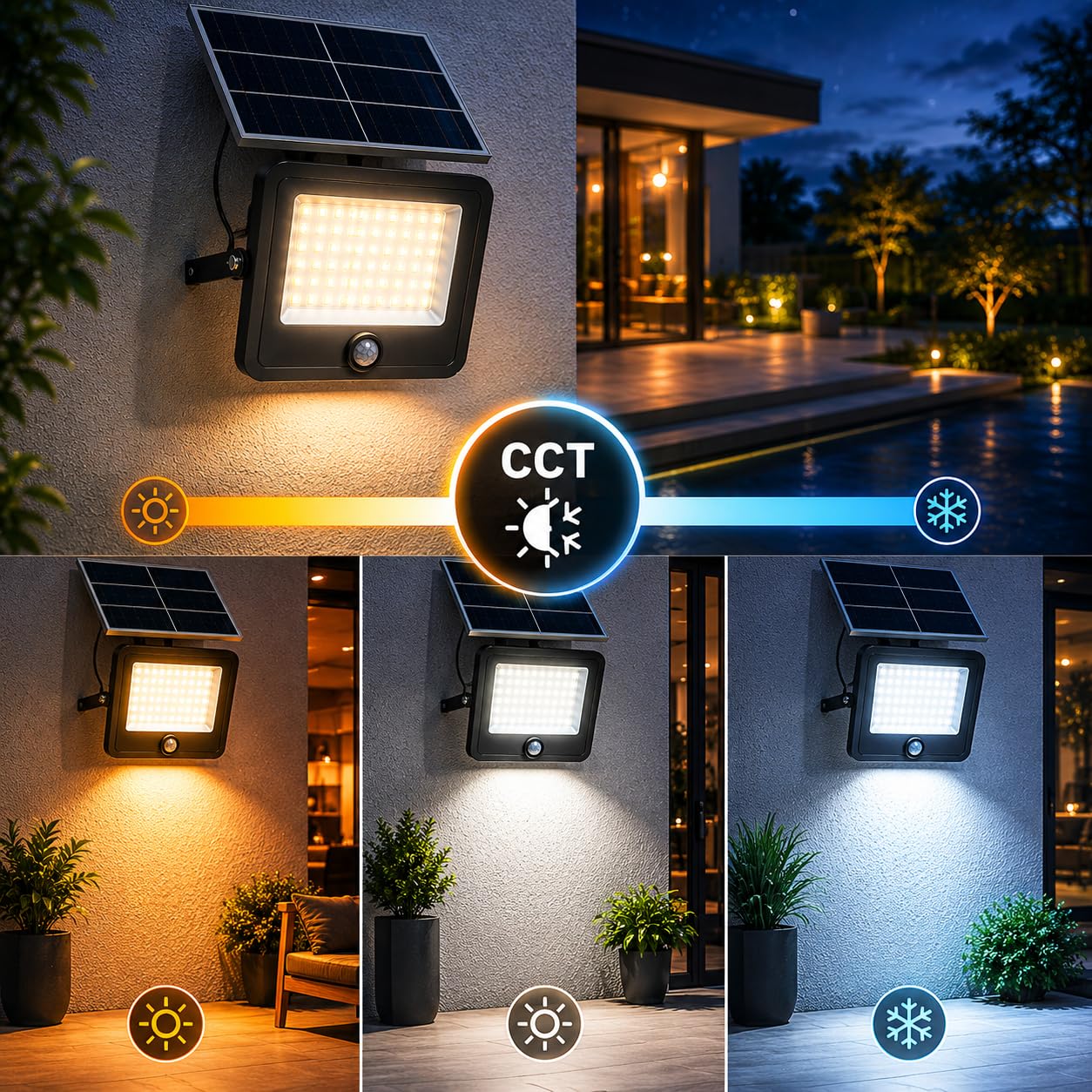 M mimotec -Faro Zewnętrzna lampa solarna LED 1600LM CCT z czujnikiem PIR, pilotem zdalnego sterowania, IP65 wodoodporna, oświetlenie LED do ogrodu, garażu, tarasu i podjazdu