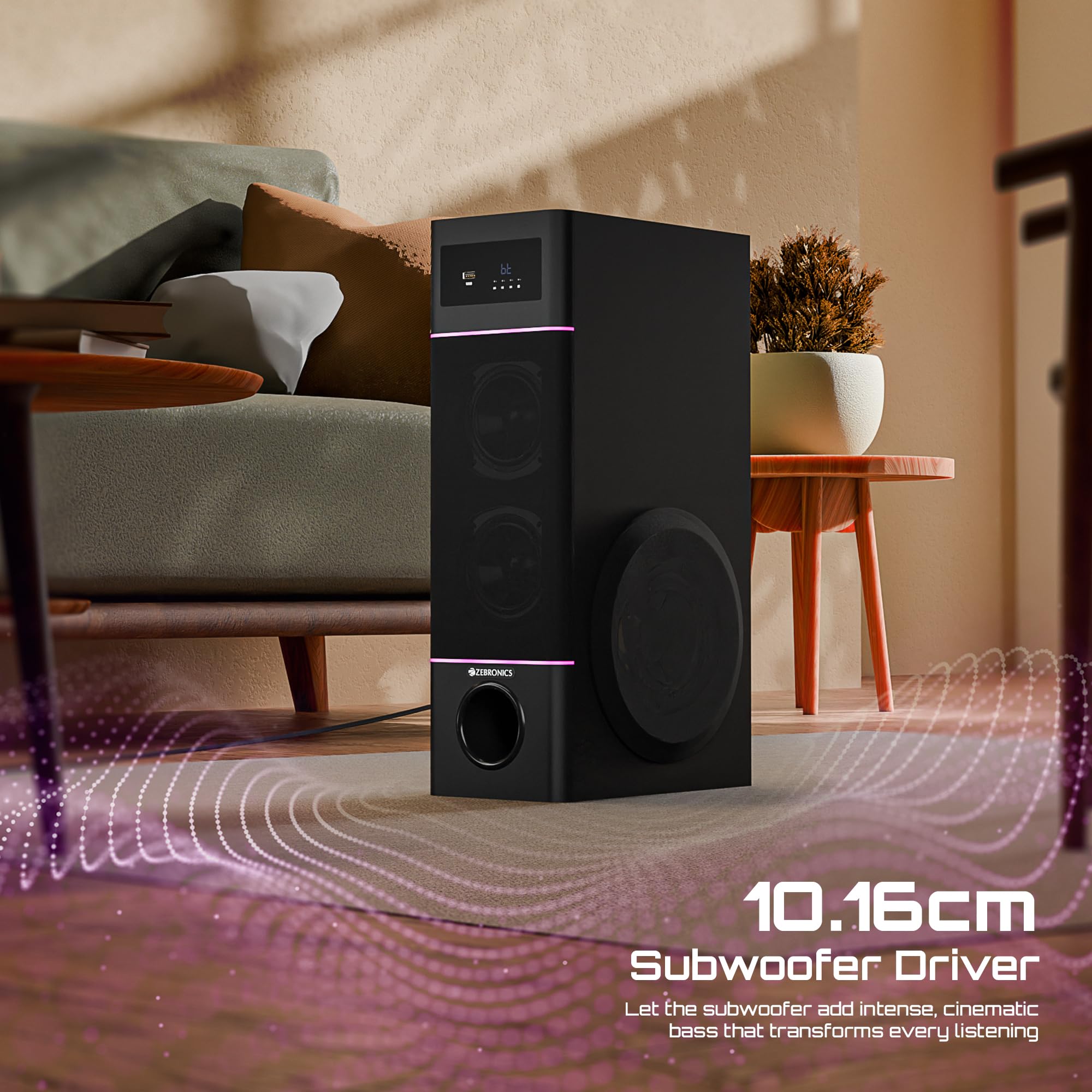 Zebronics Tower Speaker, 50W, 10.16cm Subwoofer Driver, 2X 7.62cm Full Range Drivers, 2-Way Design, Bluetooth v5.1, USB, AUX, Karaoke, 6.3mm Mic Input, RGB (Tono) — Amazon image 3