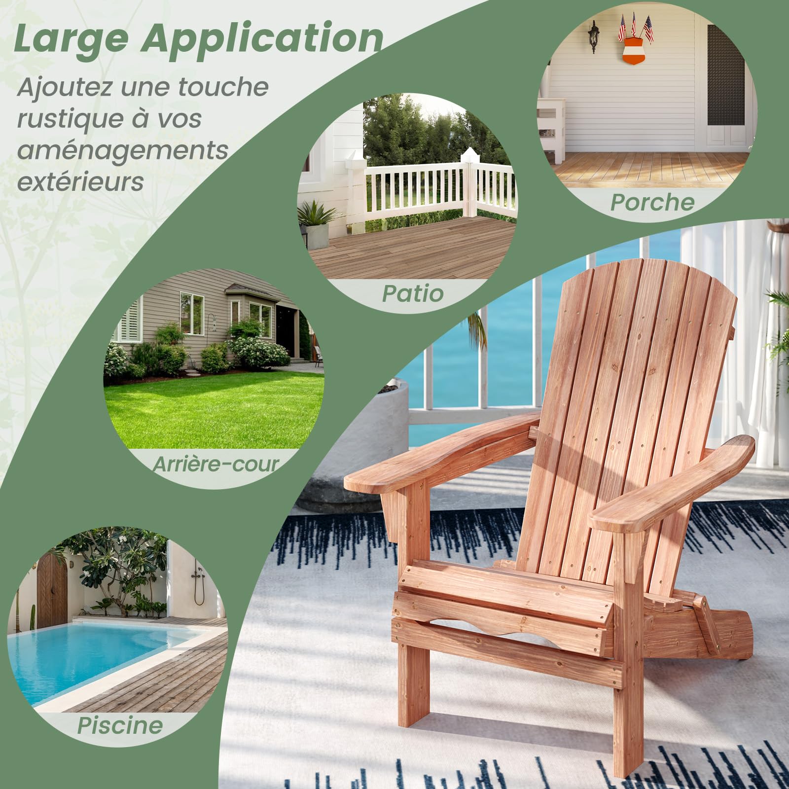 GOPLUS Chaise Adirondack, Chaise d'Extérieur Pliable avec Cadre en Bois Massif, Dossier Incurvé et Accoudoirs Larges, Capacité 180 Kg, pour Terrasse, Jardin, Bord de Piscine (1, Naturel)