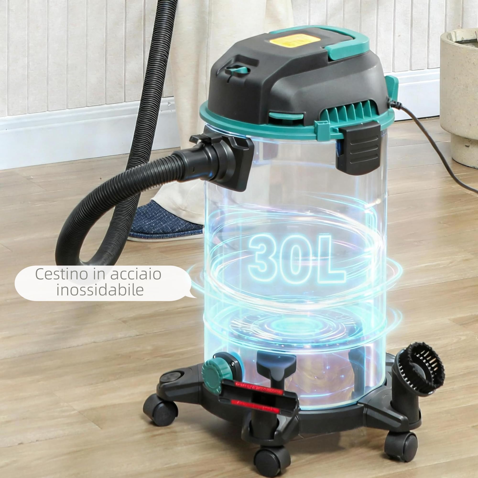 HOMCOM Aspirapolvere 3 in 1 da 1400W, 22kPa Aspirasolidi e Liquidi e Soffiatore, Bidone Aspiratutto da 30L in Acciaio Inox, Triplo Filtro con HEPA, Raggio di Pulizia 6m e Accessori, per Casa, Garage