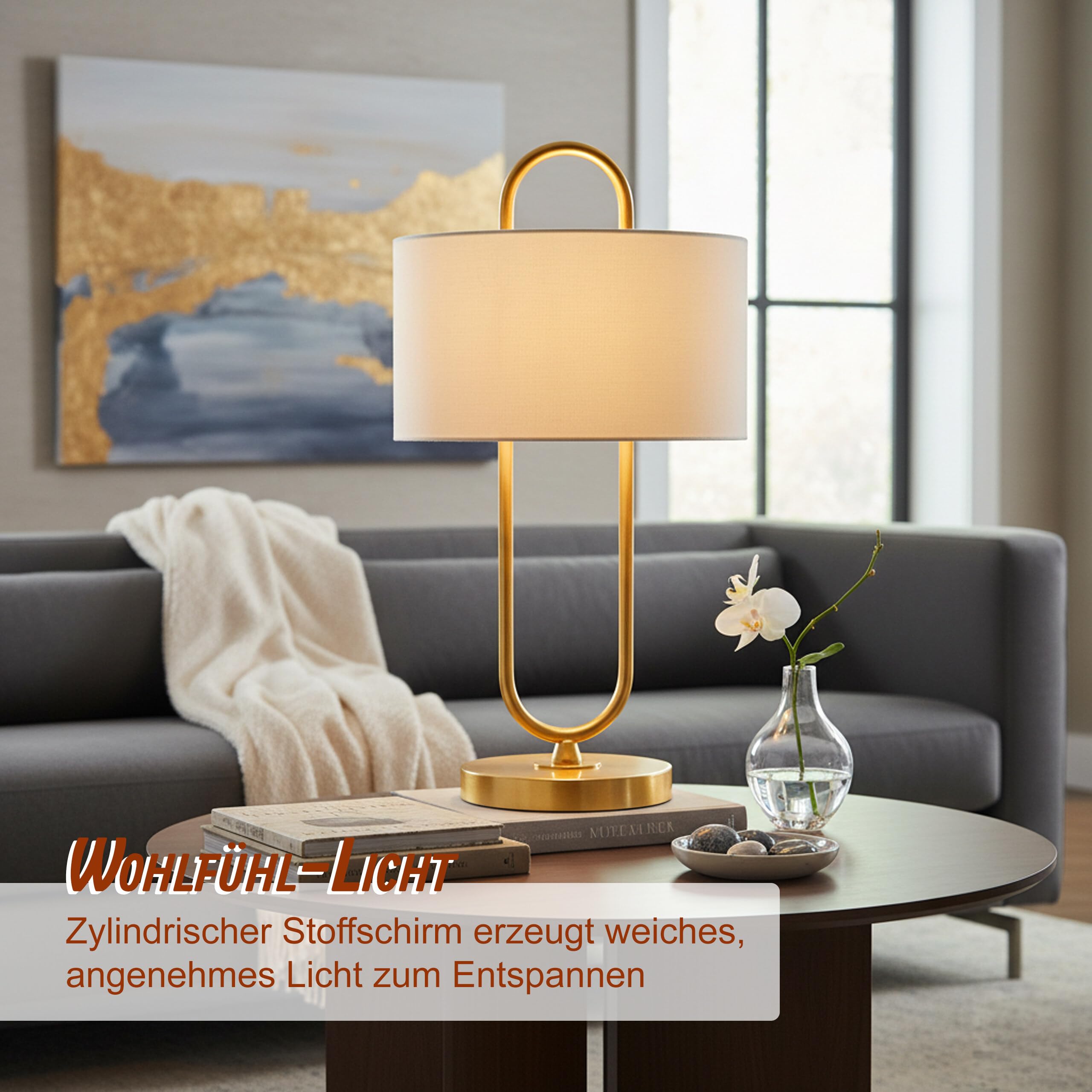 Relaxdays Tischlampe, offene U-Form, Leinenschirm, E27, HD: 55x30,5 cm, Nachttischlampe mit Kabel, Schlafzimmer, Farbe