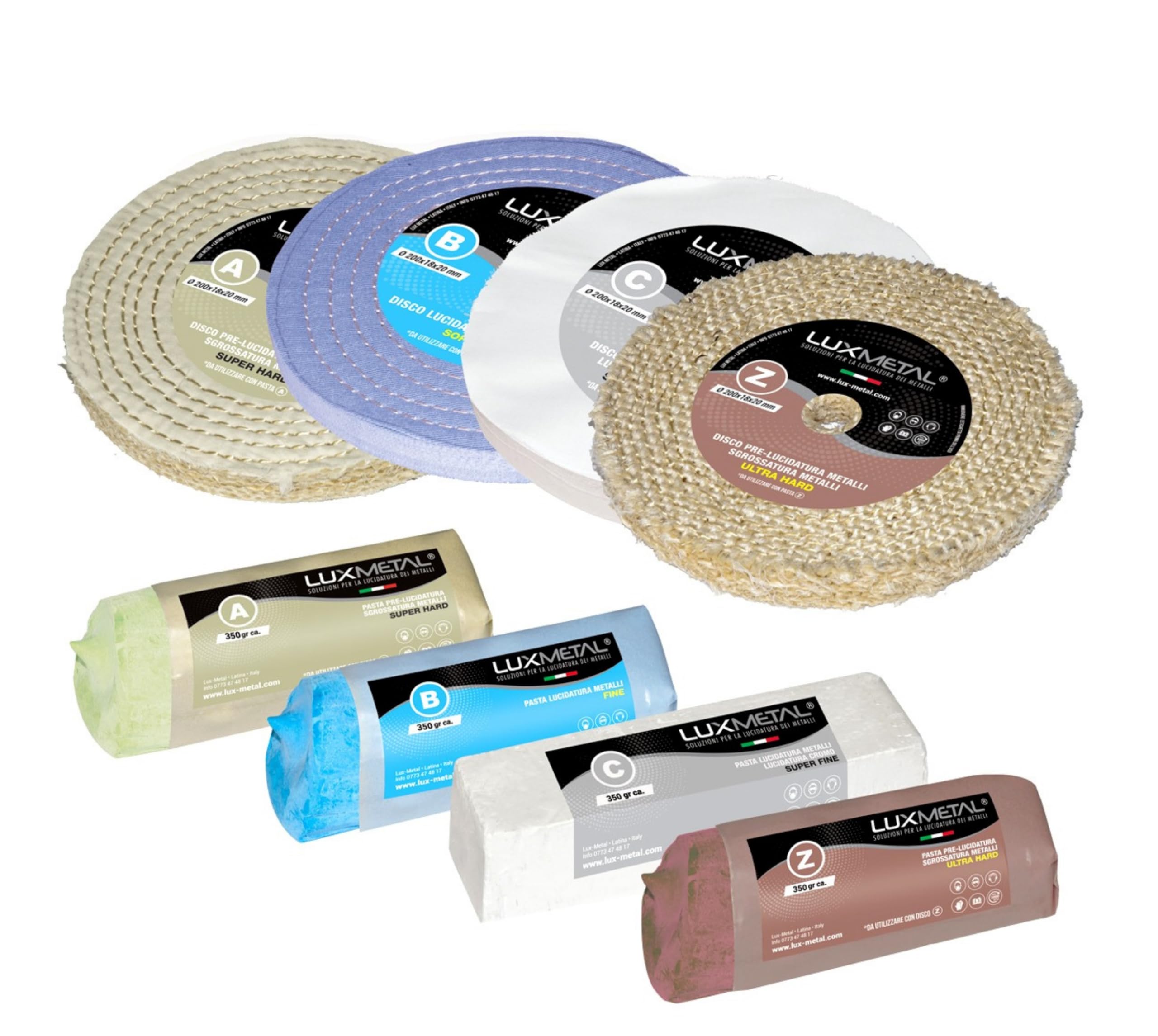 Lux Metal - Kit de pulido 03 con 4 discos de pulido de 200 mm y 4 pastas de pulido sólidas de 350 g - Ideal para pulir Aluminio, Hierro, Acero inoxidable, Latón, Bronce, Cromo, Cobre, Plata, Oro