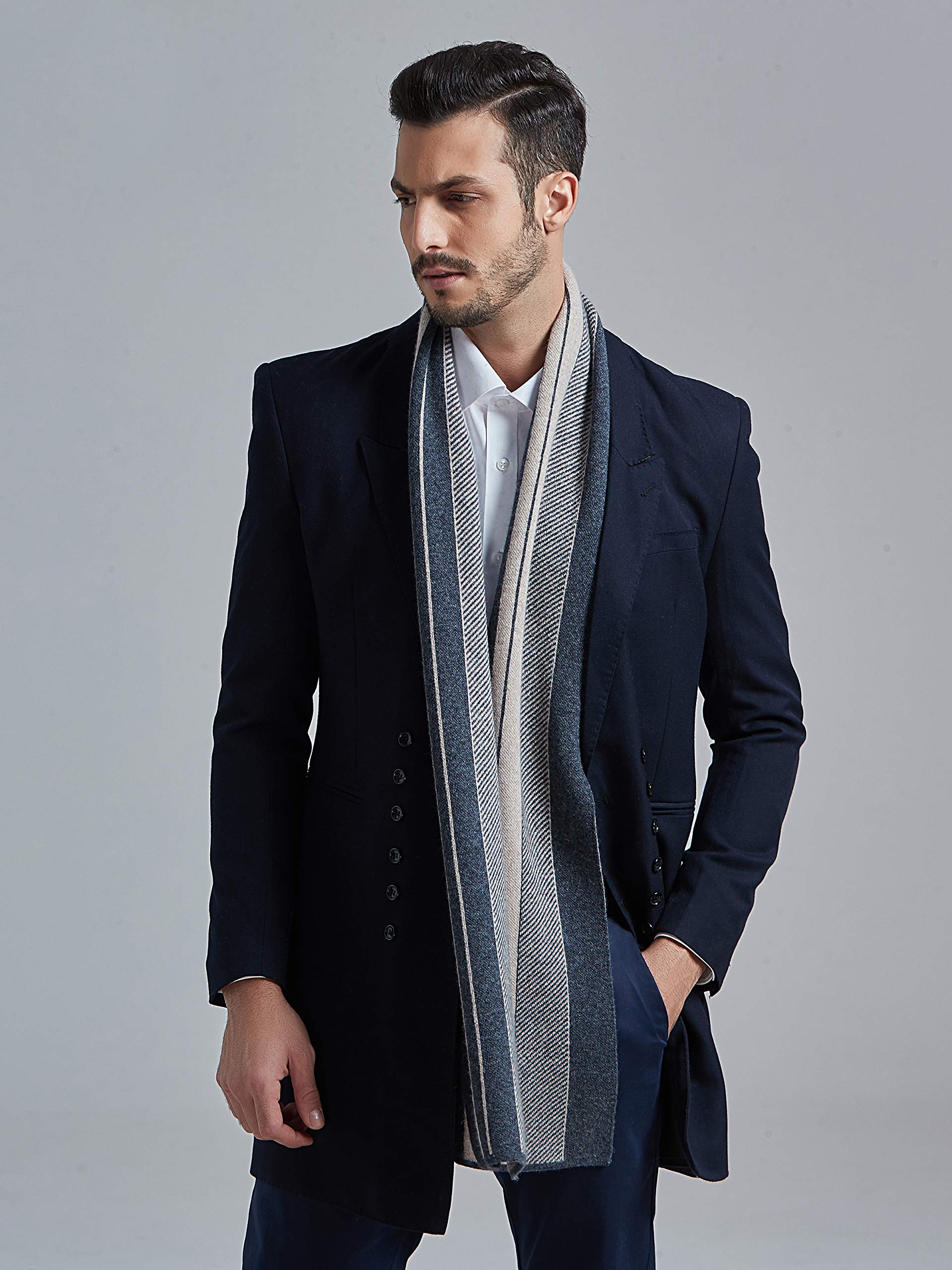 Elegante Sciarpa Cashmere da Uomo con 35% Cashmere e 65% Lana Misto Sciarpa a Maglia di Lana da Uomo Super Calda Morbida Casual Business - a Quadretti a Righe