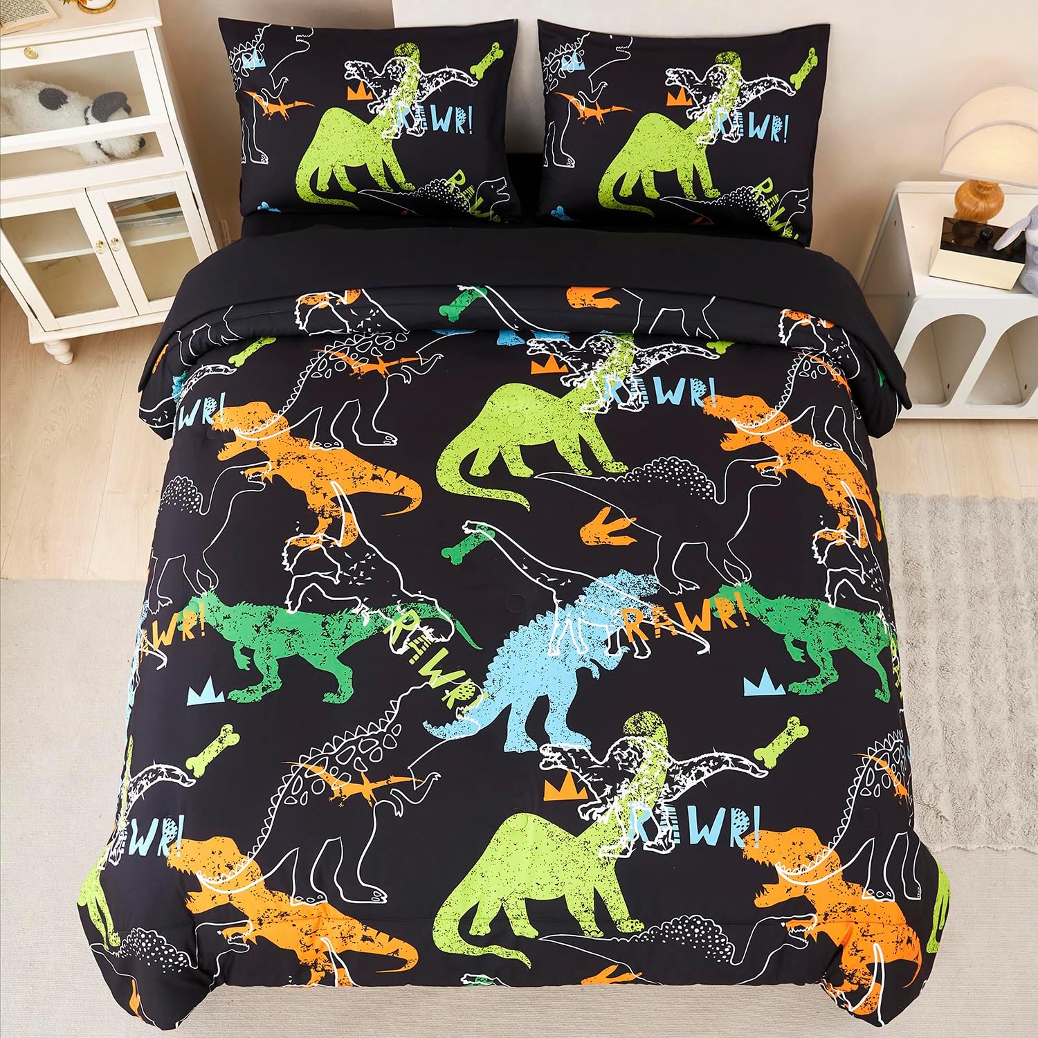 5 Pieces Queen Size Kids Bedding Set Boys Dinosaur Comforter Sets Cartoon Dinosaur Bed in A Bag Warm Fluffy Teens Black Bed Set for Dino Room Decor(Black, Queen)