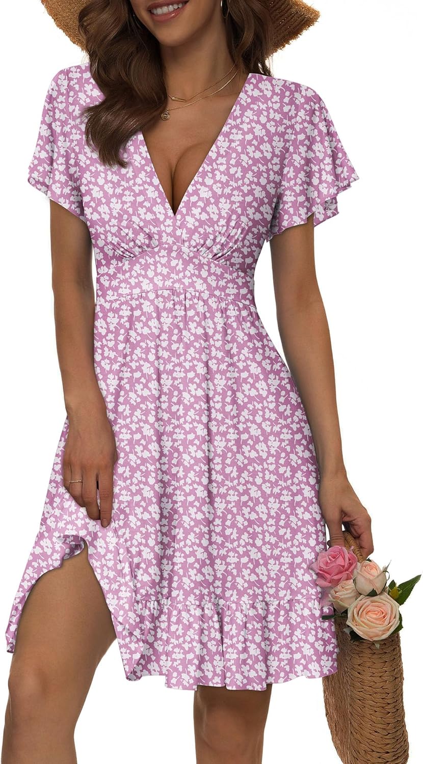 TORARY Womens Summer Dresses 2026 Floral Cap Sleeve Wrap V Neck Ruffle A-Line Sun Dress