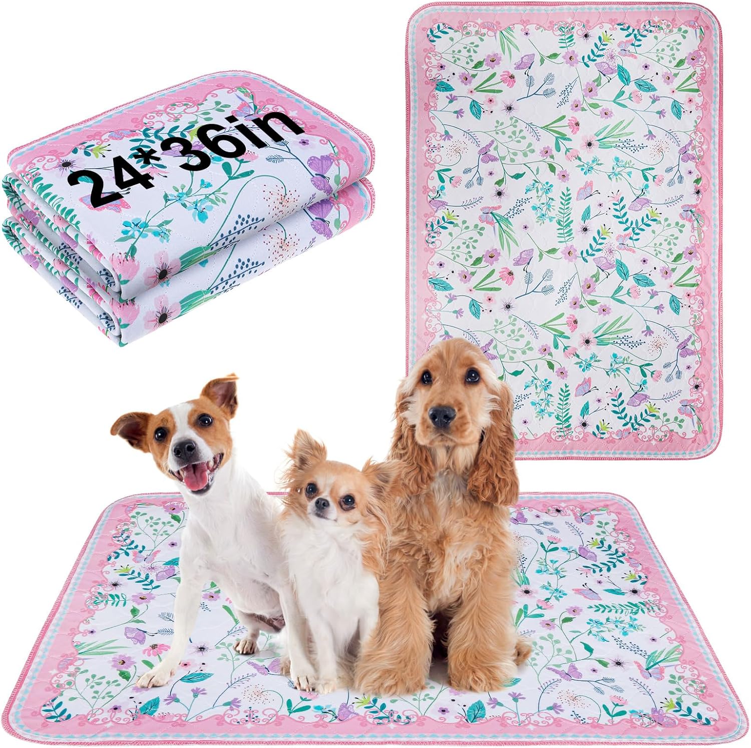 BEAUTYZOO Reusable Puppy Pads,Washable Pee Pads for Dogs,Non Slip Wee Wee Pad for Potty Training,Thick Heavy Absorbent Underpads for Playpen,Bed,Sofa,Crate,Whelping,Travel & Outdoor Spring, 24" x 36"