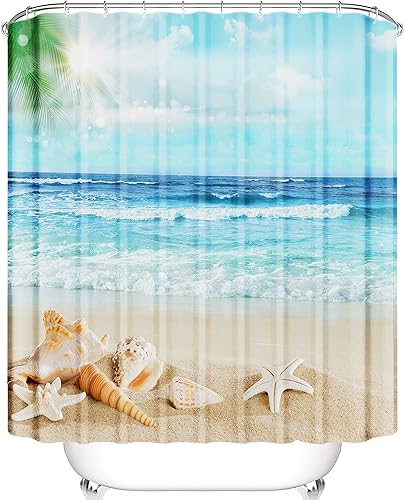 Domoku Cortina de ducha de playa para baño, cortina de ducha 3D de tela con diseño de conchas marinas costeras, con 12 ganchos, impermeable,