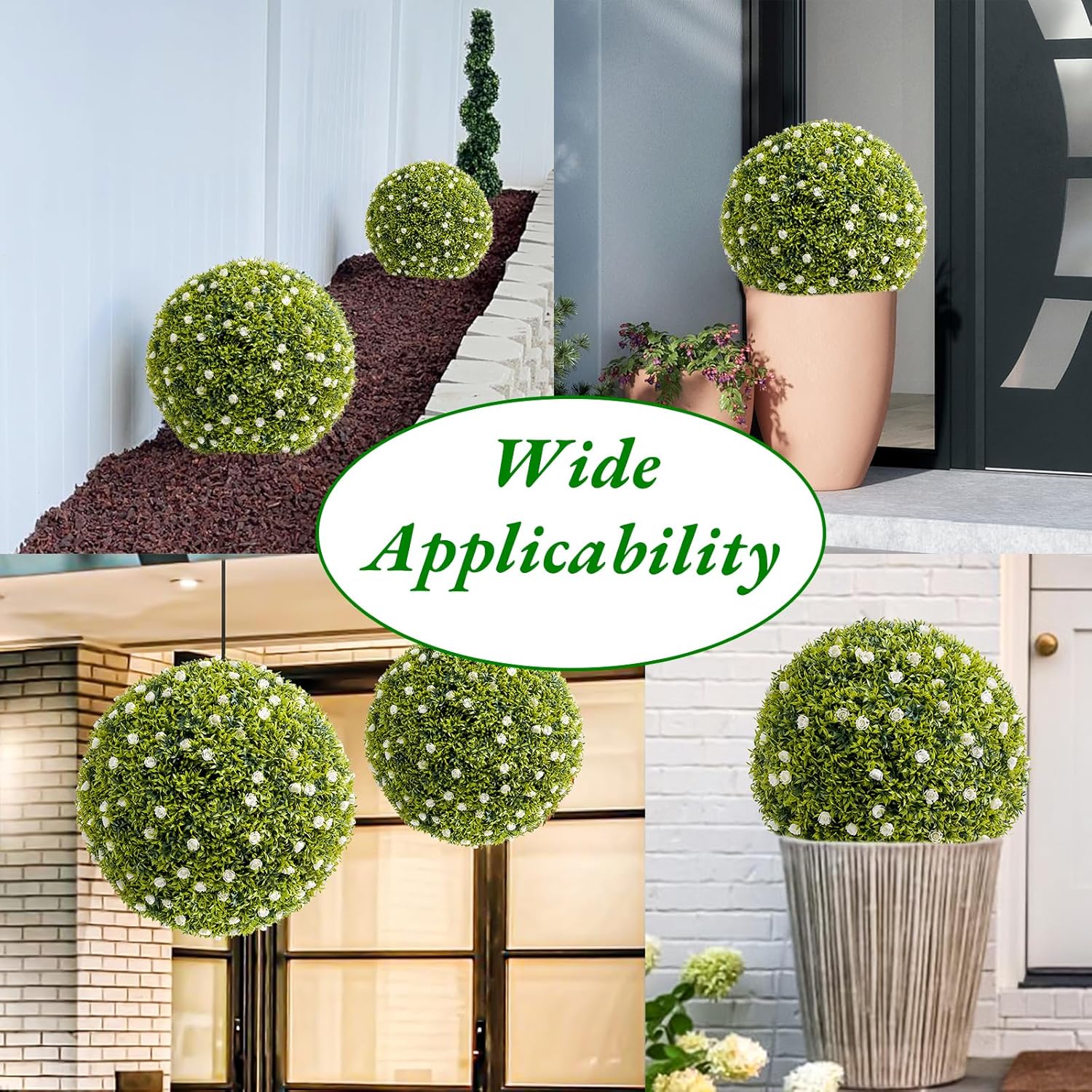 GarveeHome 12.6 in Artificial Plant Topiary Ball Set of 4, Decorative Artificial Boxwood Balls with White Flowers, Indoor Outdoor Faux Greenery for Fake Plants for Porch, Backyard, Balcony, Home Decor