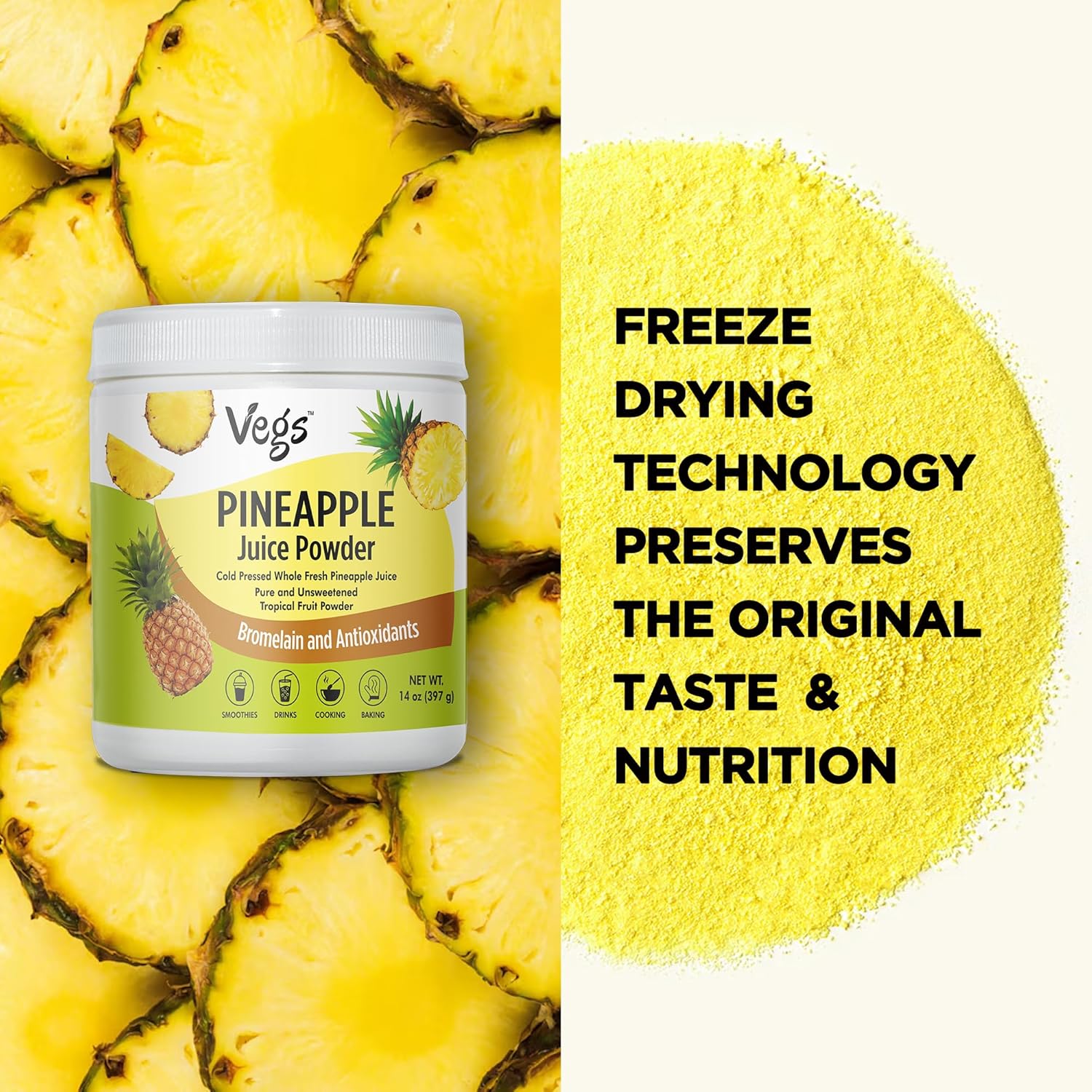 Vegs Pineapple Juice Powder - Freeze Dried Organic Pineapple Powder with Bromelain & Antioxidants - Sugar-Free Cold Pressed Tropical Fruit - Smoothies, Drinks, Cooking, Baking - Vegan, Non-GMO - 14 Oz - Image 3