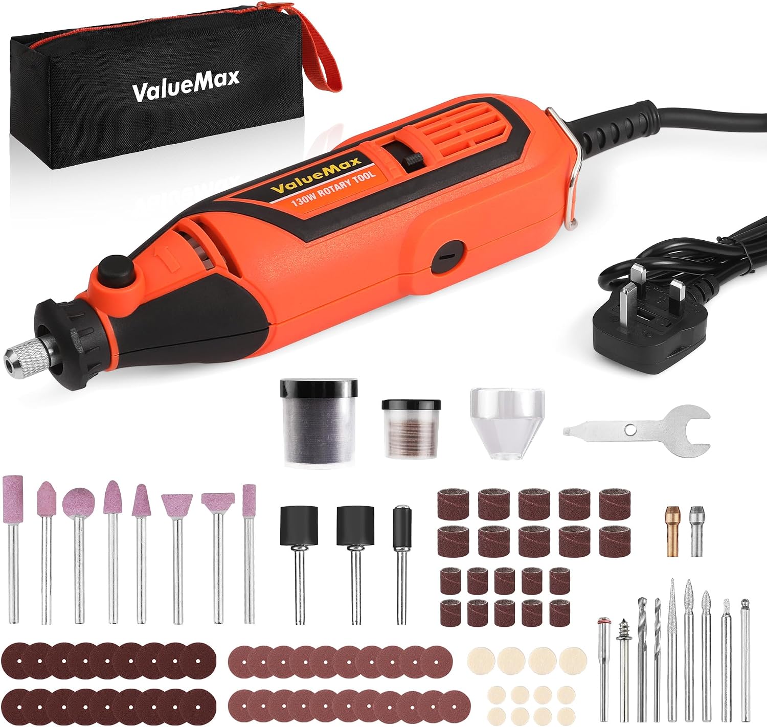 ValueMax orange and black rotary tool with 119 accessories and bag