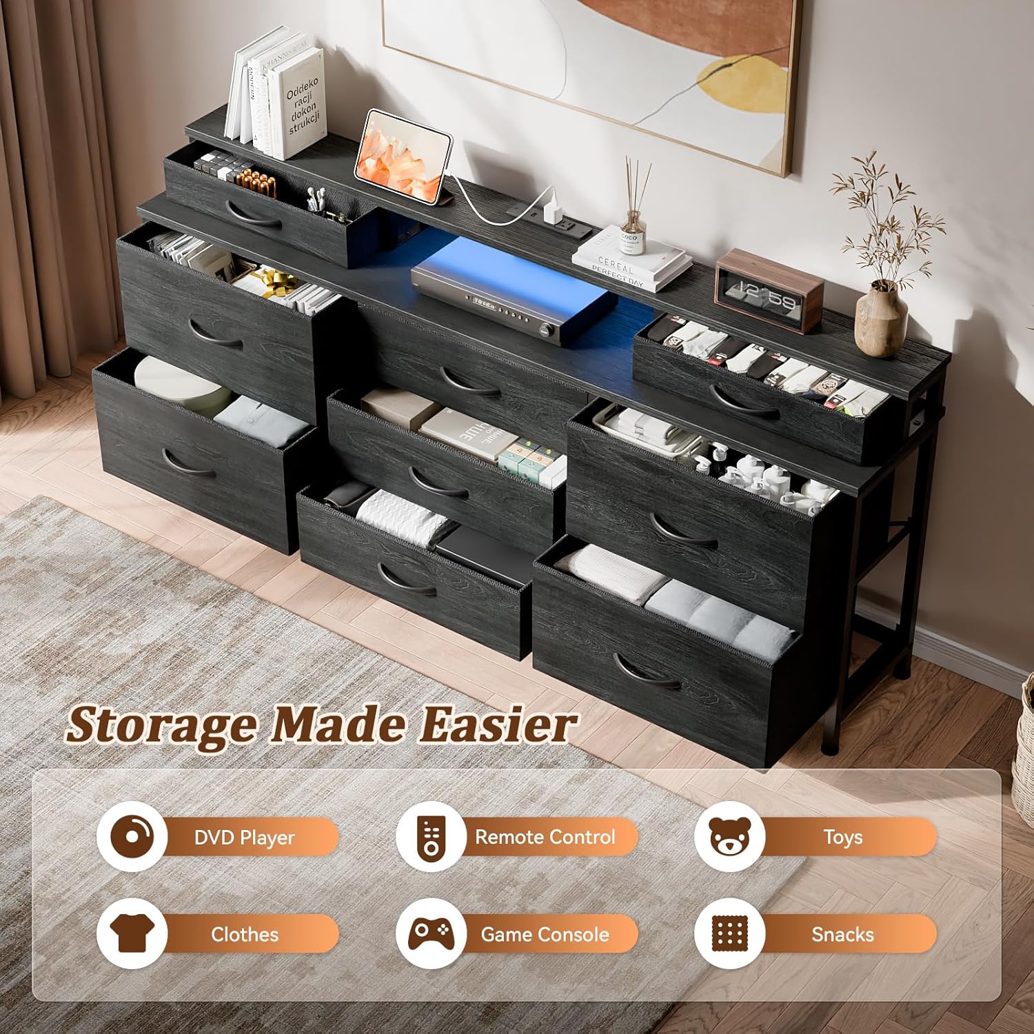 Furnulem Dresser with LED Light and Charging Station, Black Dresser for Bedroom with 9 Storage Organizer Drawers and Open Shelf, 55" Entertainment Center & Chest of Drawers for Living Room Bedroom - Image 6