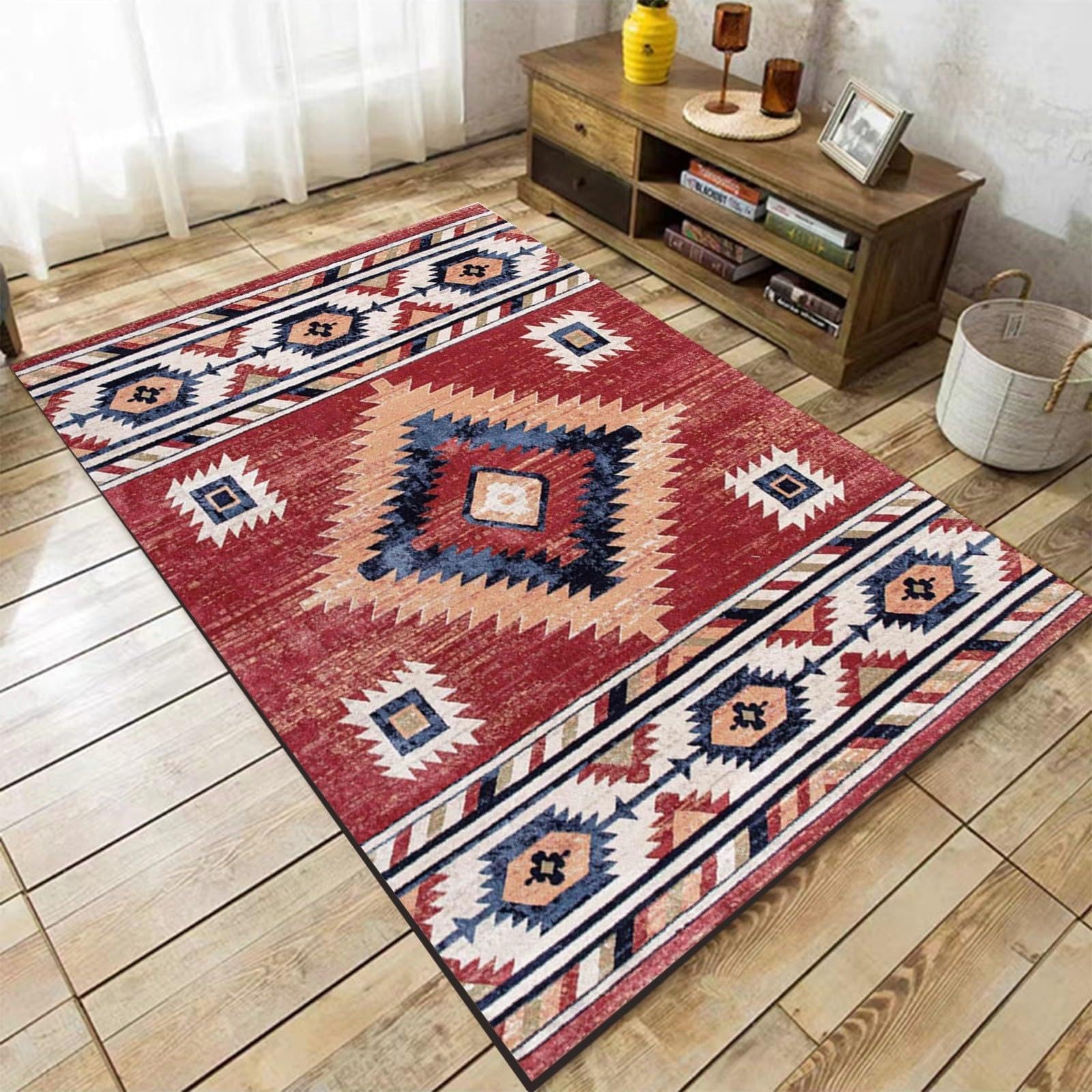 Tappeto tradizionale tribale del sud-ovest, 80x180 cm, lavabile, grande, per soggiorno, tappeto per camera da letto, rosso, vintage, geometrico, antiscivolo, stile boho occidentale.