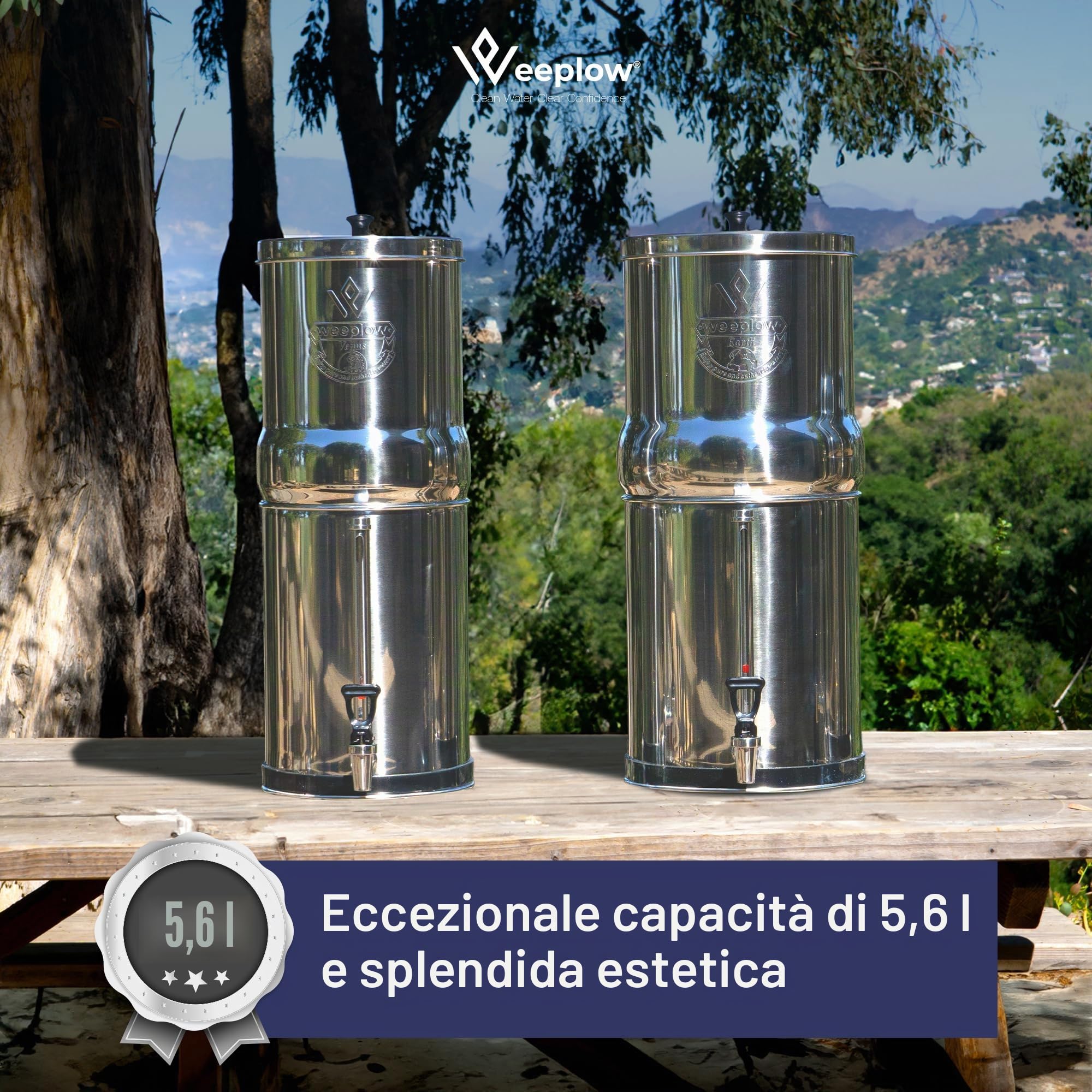 Weeplow® Venus ECO - Sistema di filtraggio dell'acqua per gravità 5,6 litri AISI 304 con 2 elementi di purificazione O'Pure 2 e rubinetto 100% inox (acciaio inox, 5,6L ECO)
