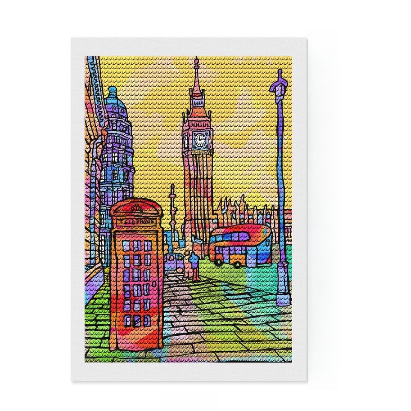 Junmoney London City Street 5D Diamond Painting Kit 8"x12", Round Gems, Living Room Decor, Decorative Artwork, Vintage Style Decor