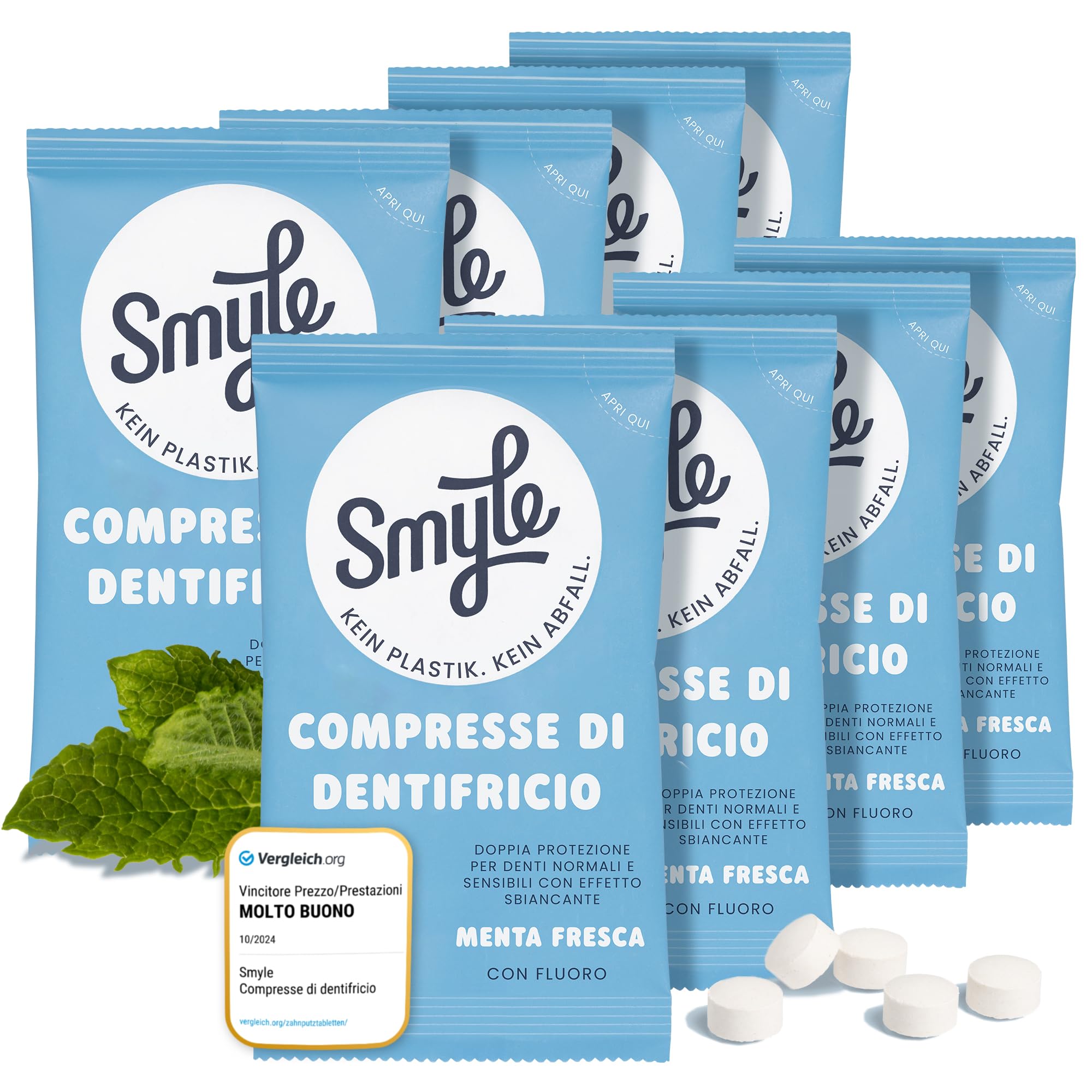 Compresse per spazzolino Smyle - Vegano, contiene fluoro, dentifricio solido biodegradabile e senza plastica, confezione da quattro (8 x 63 pezzi)