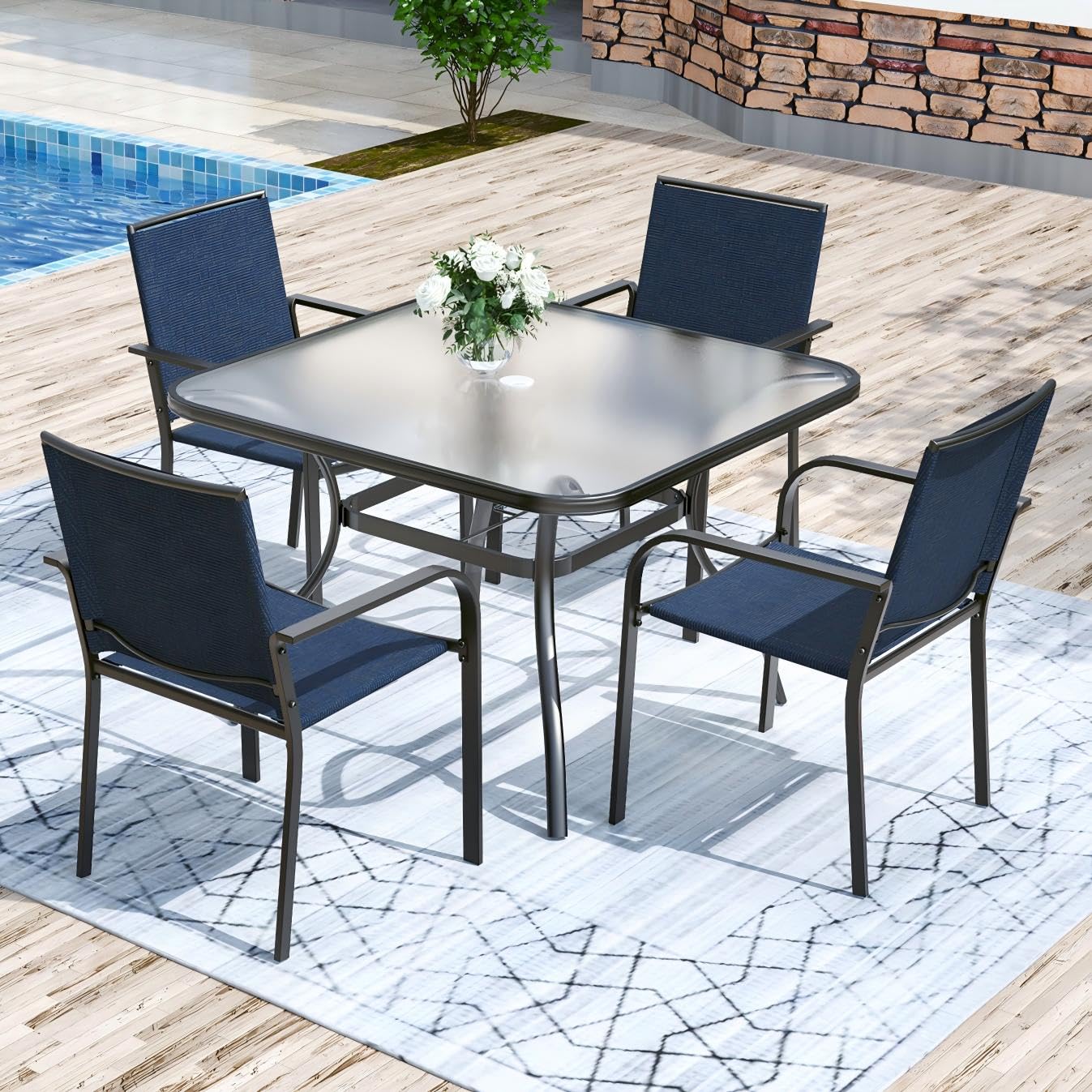 Anmutig 5-Piece Patio Dining Set, 37" Glass Outdoor Table, 4 Chairs Blue