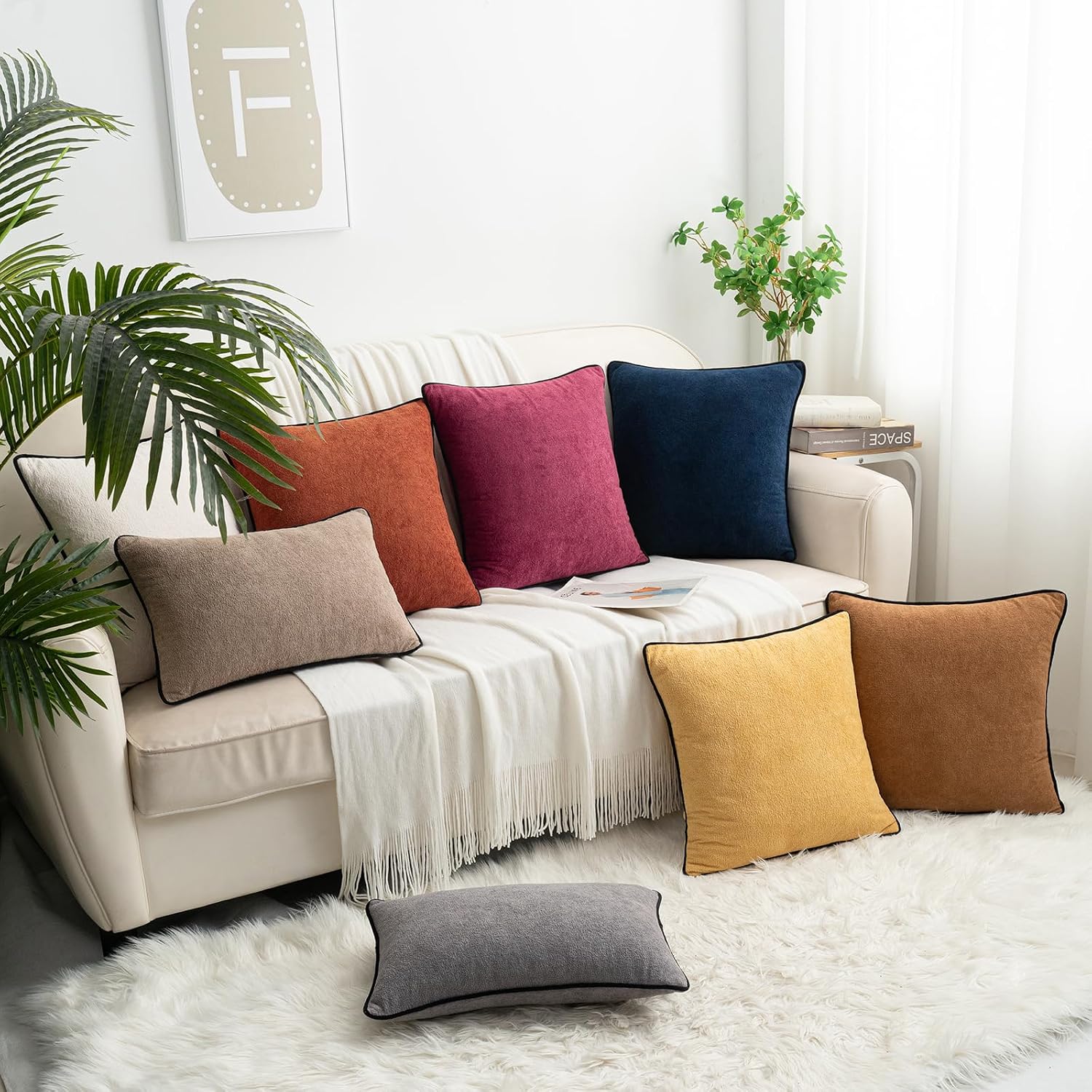 HWY 50 Soft Faux Chenille Throw Pillow Covers 18x18 Inch Pack of 2 with Black Velvet Piping Edge, Farmhouse Style Decorative Cushion Cases for Sofa Bed Living Room, Taupe image 5