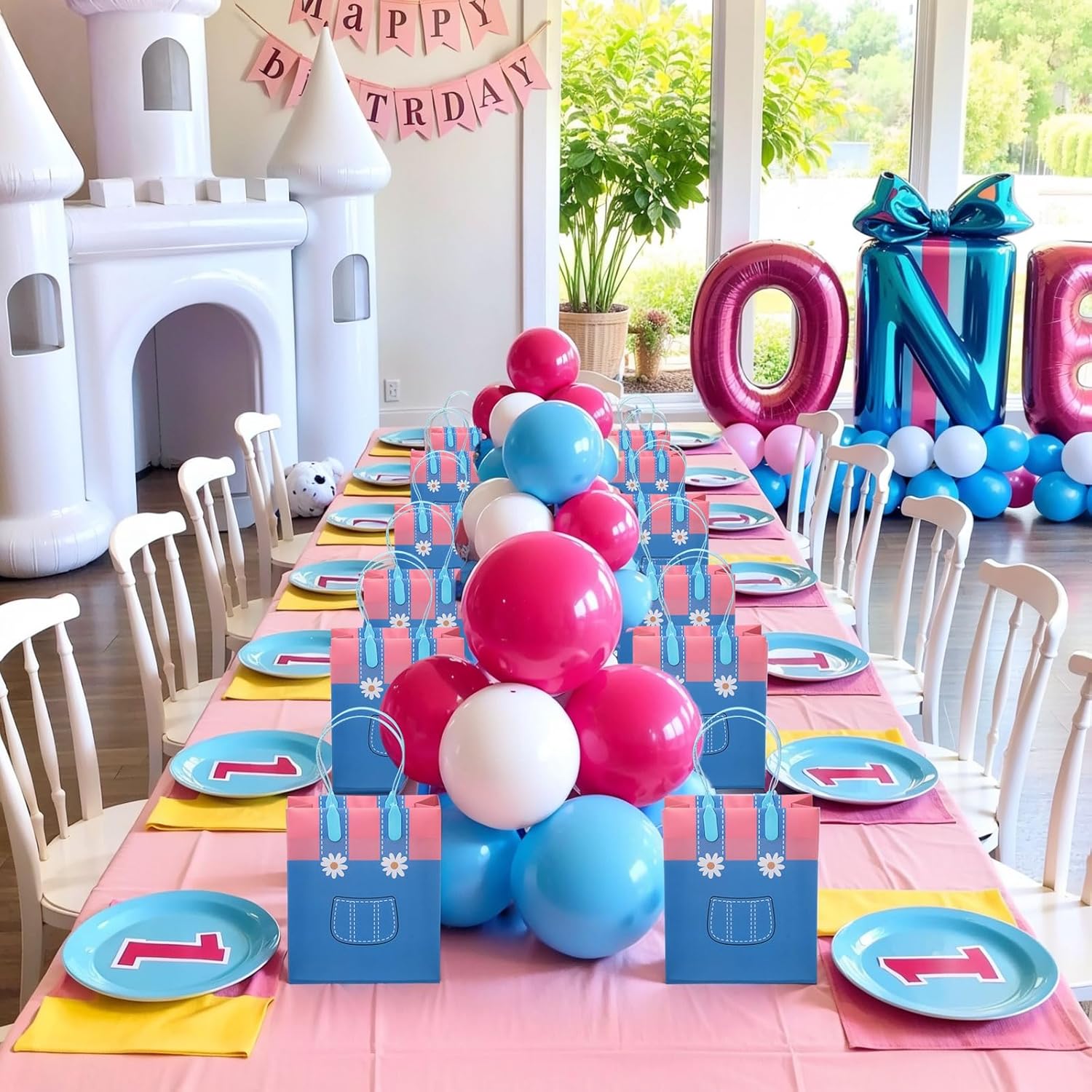 Sadnyy 24 Pcs English Teacher Gift Bags Birthday Party Favors Goodie Bags with Handles Girls Party Decorations Pink Blue Overalls Pattern Cartoon for Birthday Classroom Decor Baby Shower