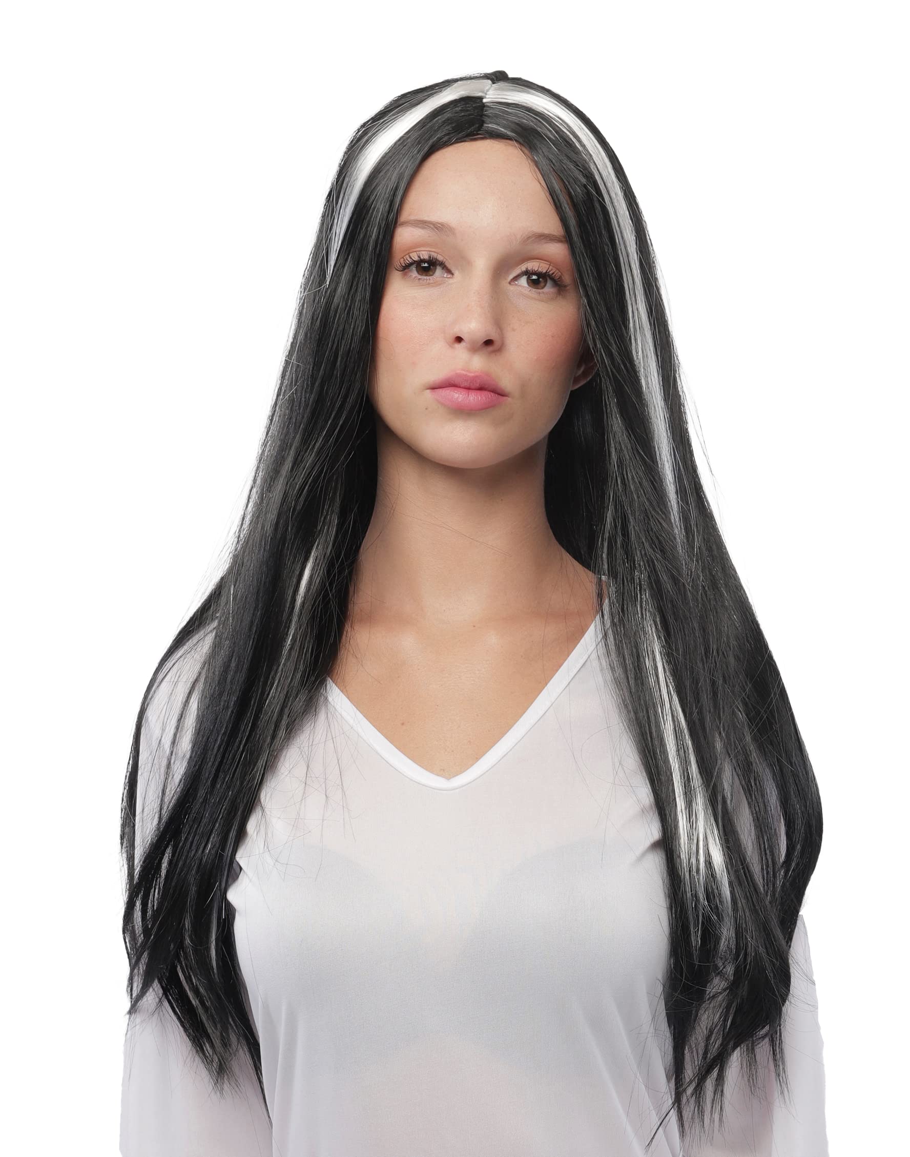 Peluca De Vampiresa O Diablo De Halloween Para Mujer – Pelo Largo Y Liso En Color Negro/Blanco, Fibra Sintética Resistente Al Calor, Talla Ajustable Con Goma Interior – Perfecta Para Cosplay Y Fiestas