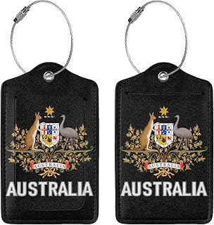 2 PCS Coat of Arms of Australia Flag Australian Emblem Leather Luggage Tags Privacy Cover ID Label with Stainless Steel Loop Address Card for Men Women Suitcase Travel Bag